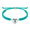 Teal rope bracelet with stainless steel engraved heart charm showing name and running symbol