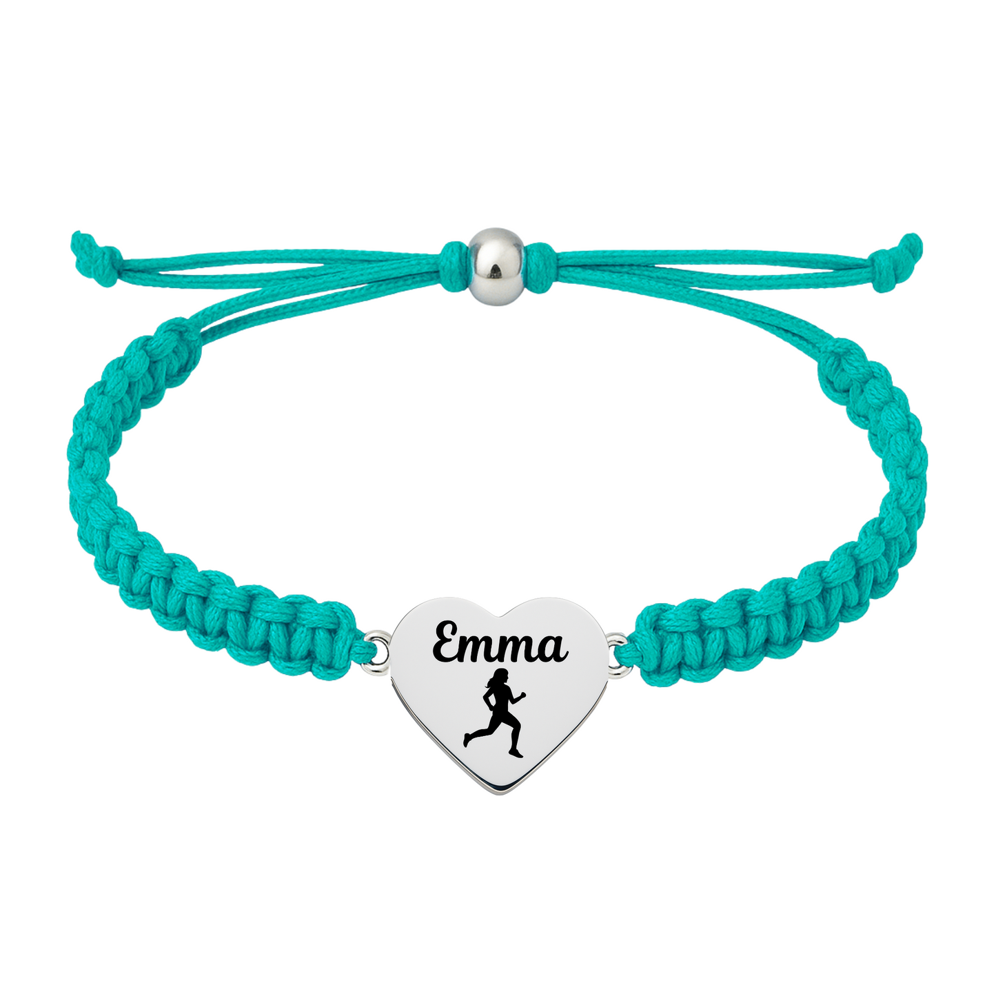 Teal rope bracelet with stainless steel engraved heart charm showing name and running symbol