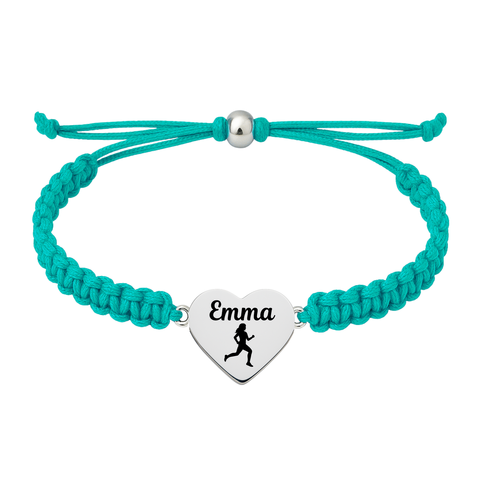 Teal rope bracelet with stainless steel engraved heart charm showing name and running symbol