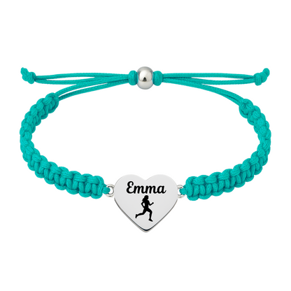 Teal rope bracelet with stainless steel engraved heart charm showing name and running symbol