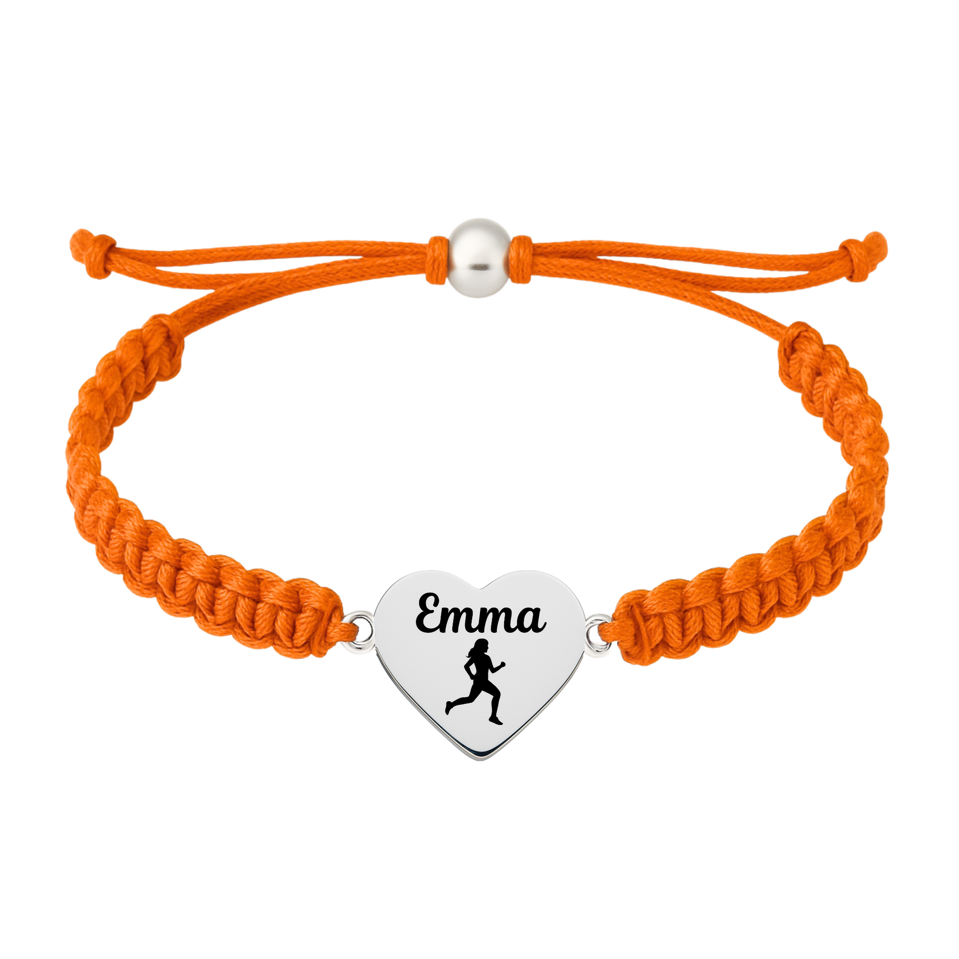 Orange rope bracelet with engraved heart charm and runner figure