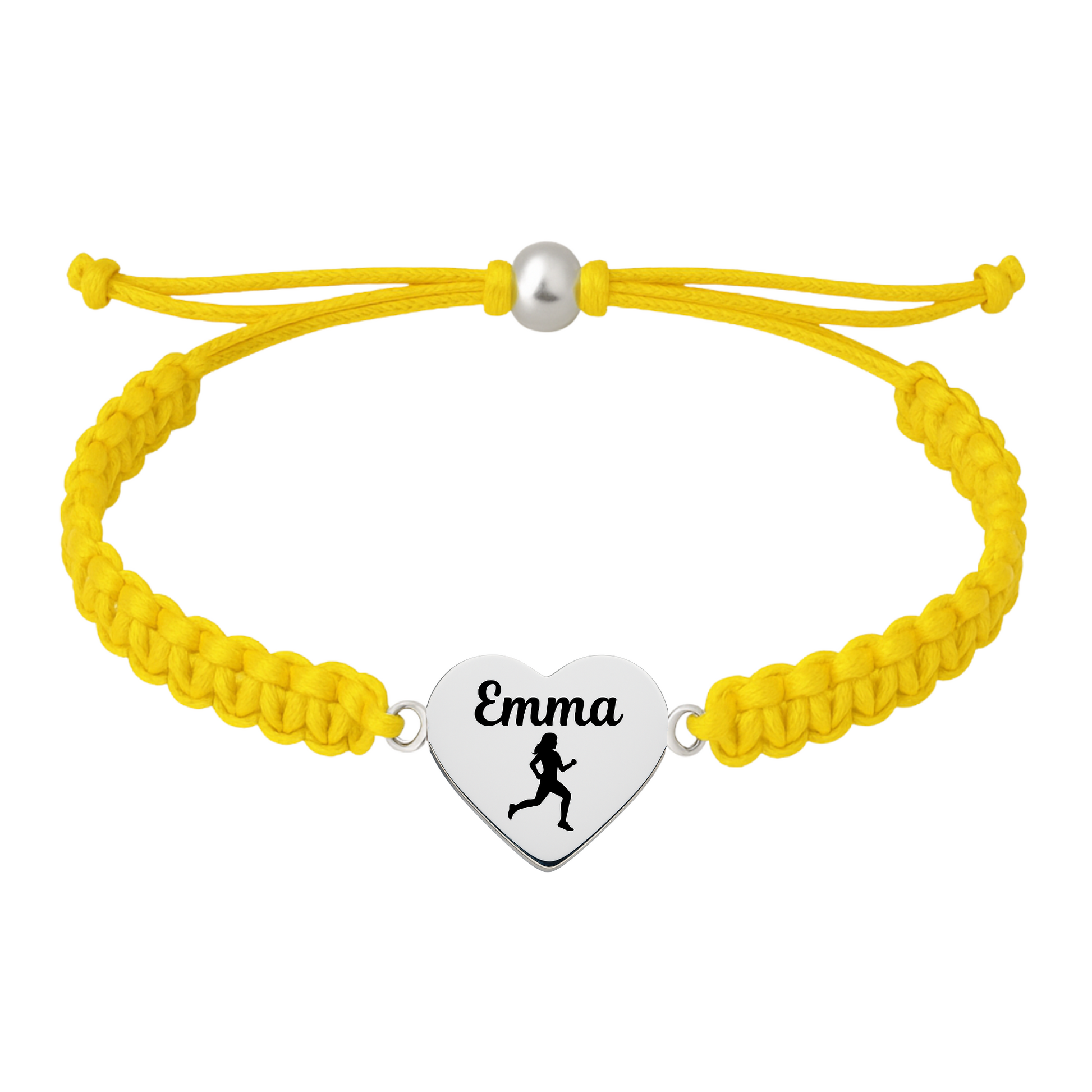 Yellow bracelet featuring personalized stainless steel heart with running icon