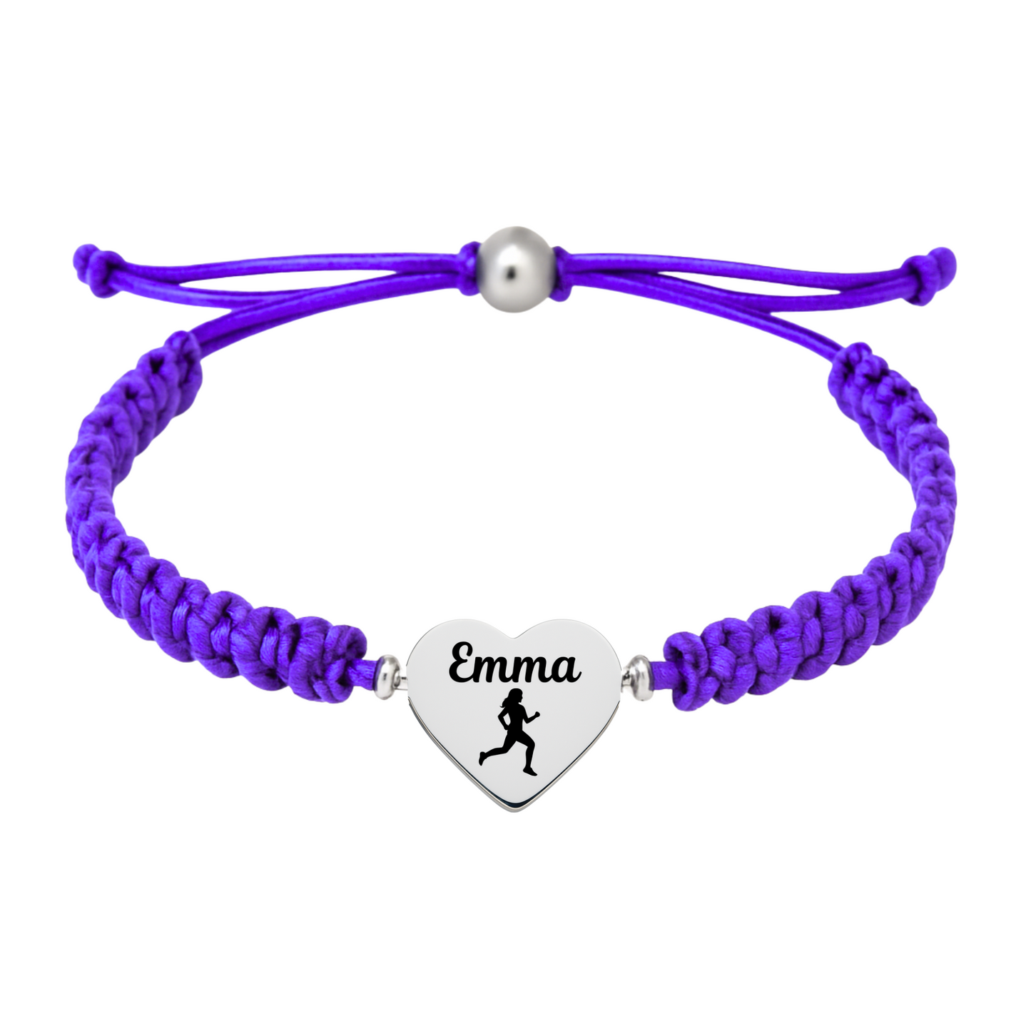 Purple rope bracelet with engraved runner charm for athletes