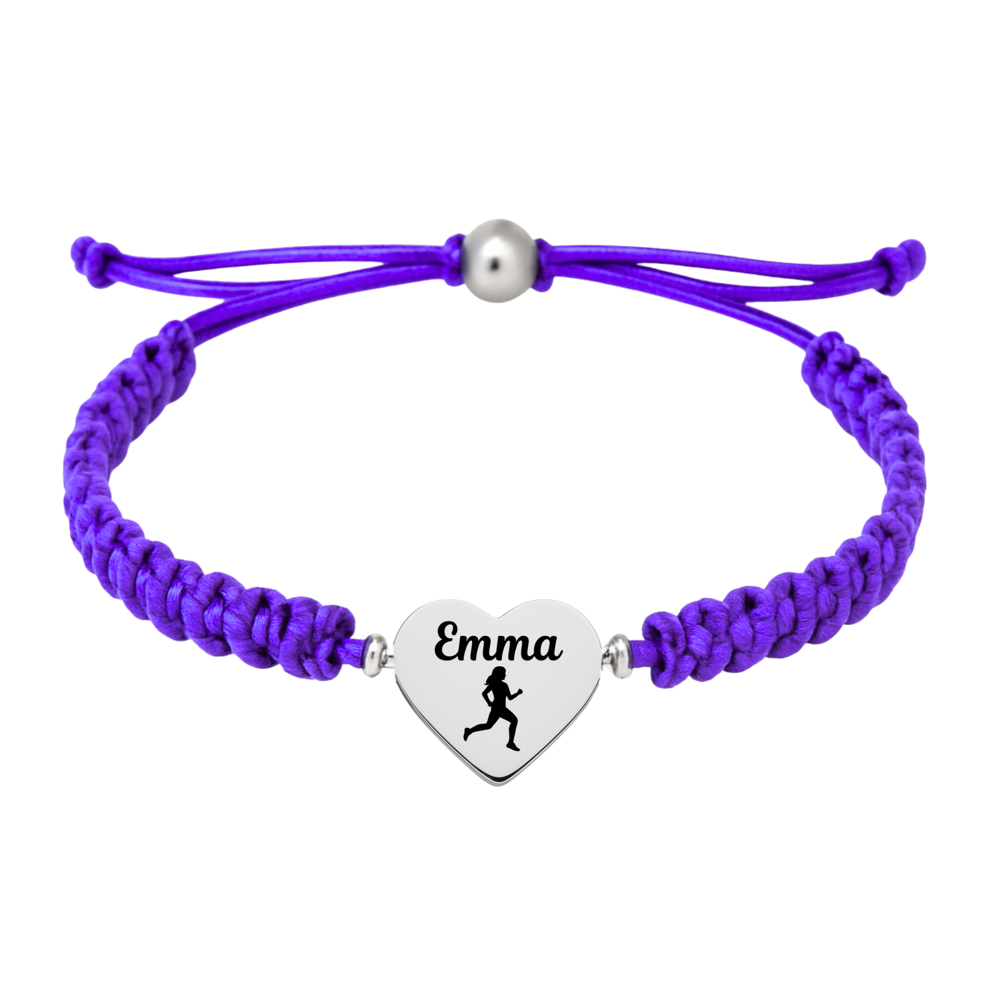 Purple rope bracelet with engraved runner charm for athletes