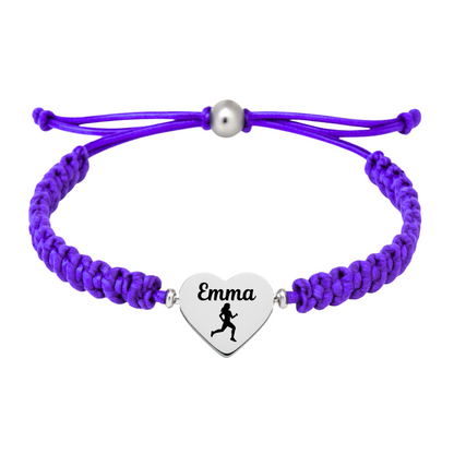 Purple rope bracelet with engraved runner charm for athletes