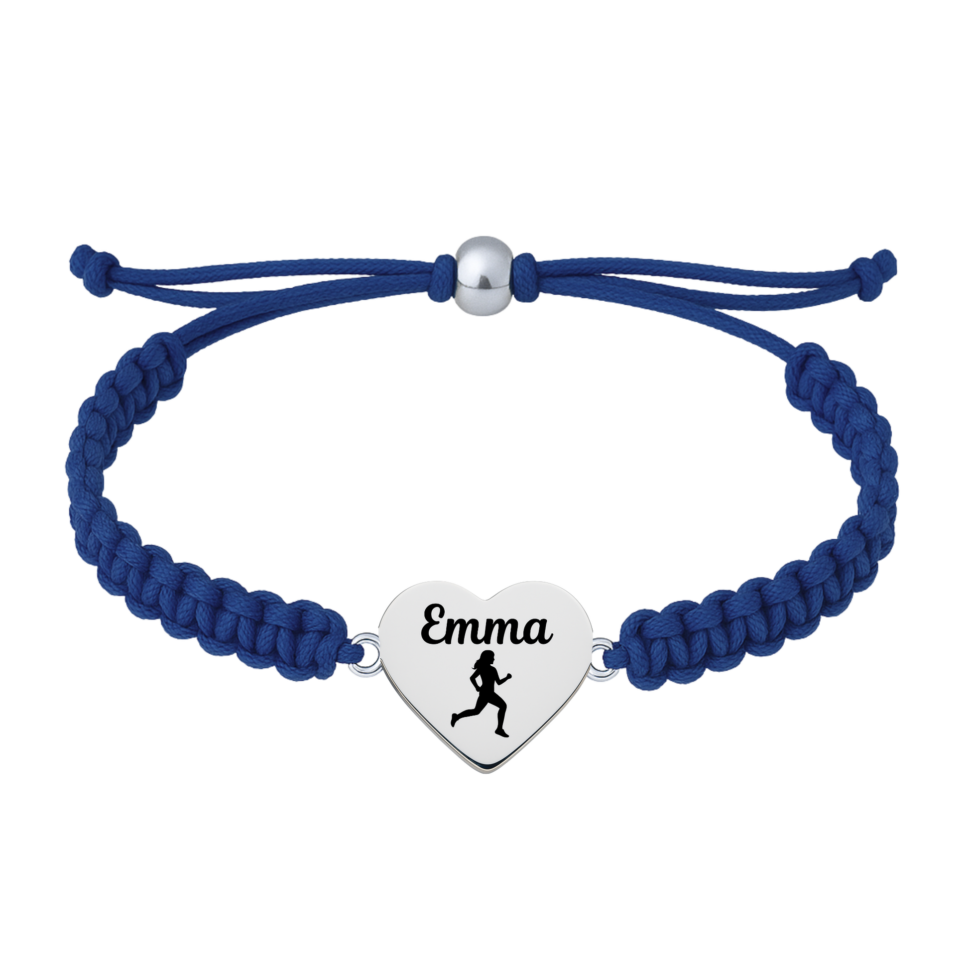 Dark navy blue rope bracelet with custom engraved heart charm and runner silhouette