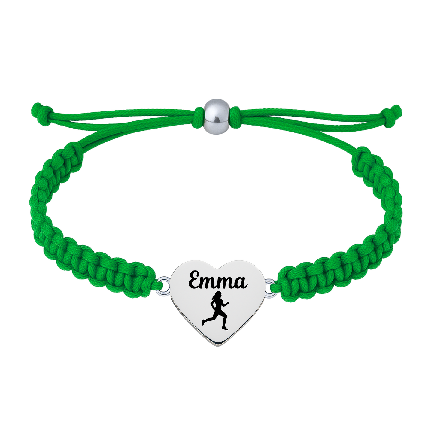 Green braided bracelet with engraved stainless steel heart and running figure