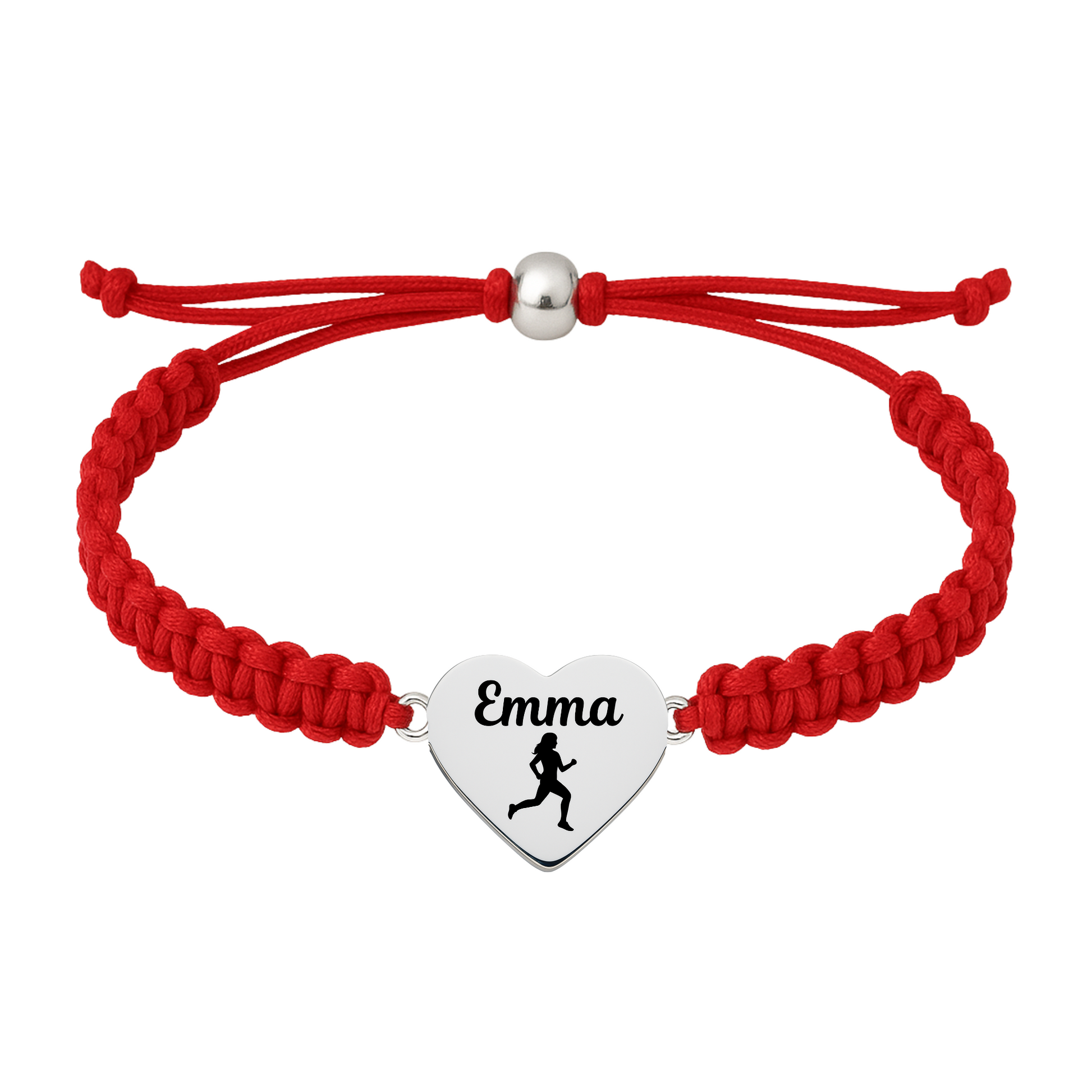 Red rope bracelet with personalized charm and runner icon