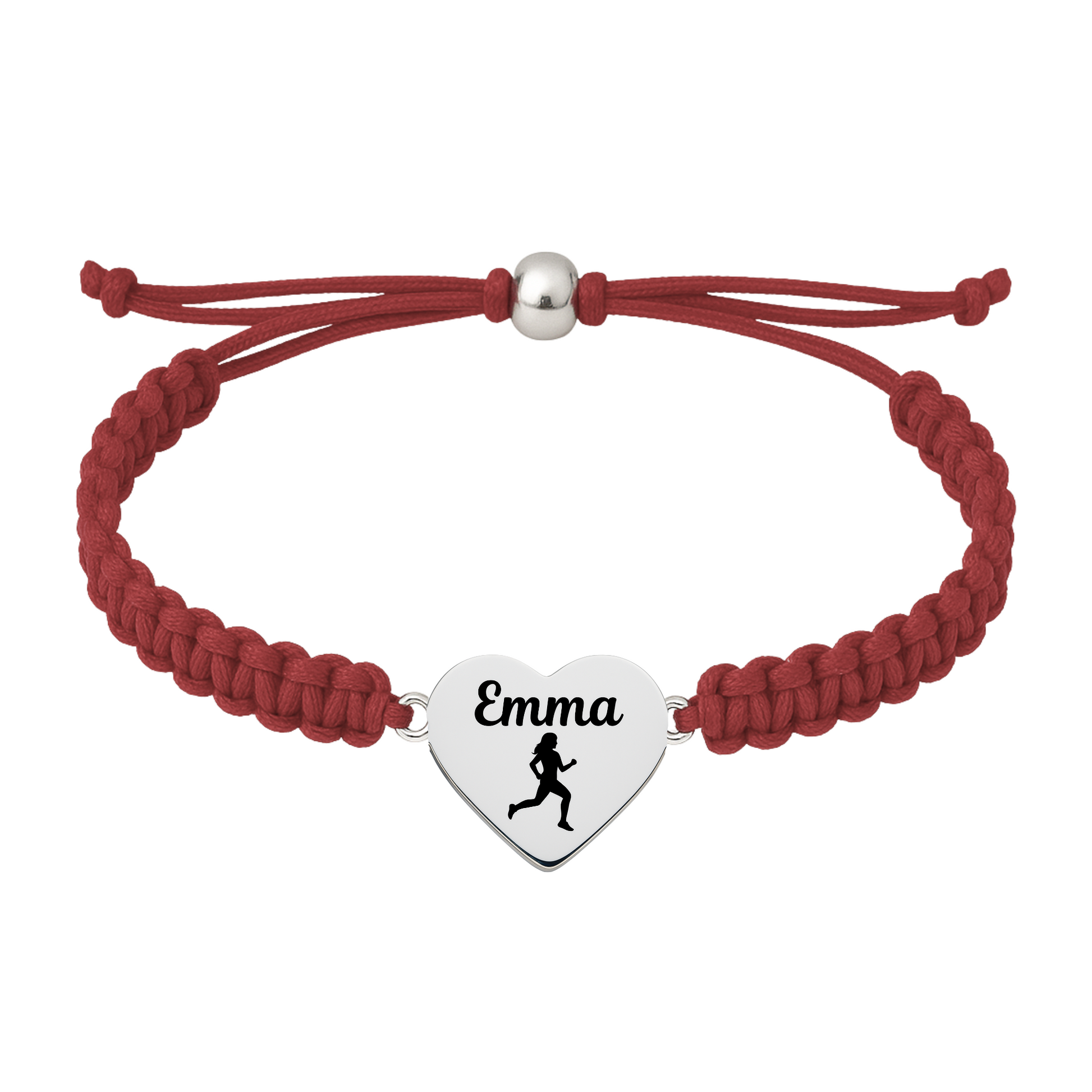 Dark red  maroon braided bracelet with engraved stainless steel heart charm for runners