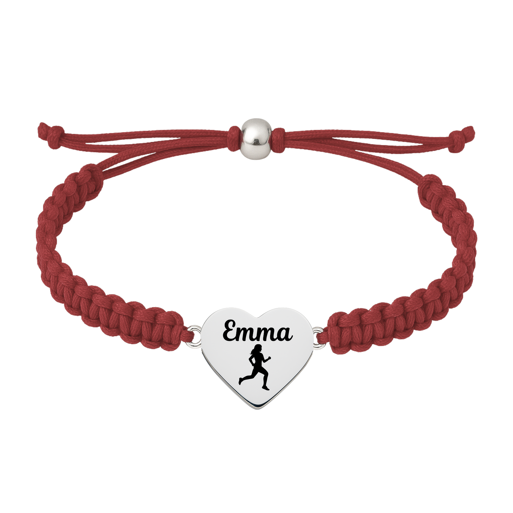 Dark red  maroon braided bracelet with engraved stainless steel heart charm for runners