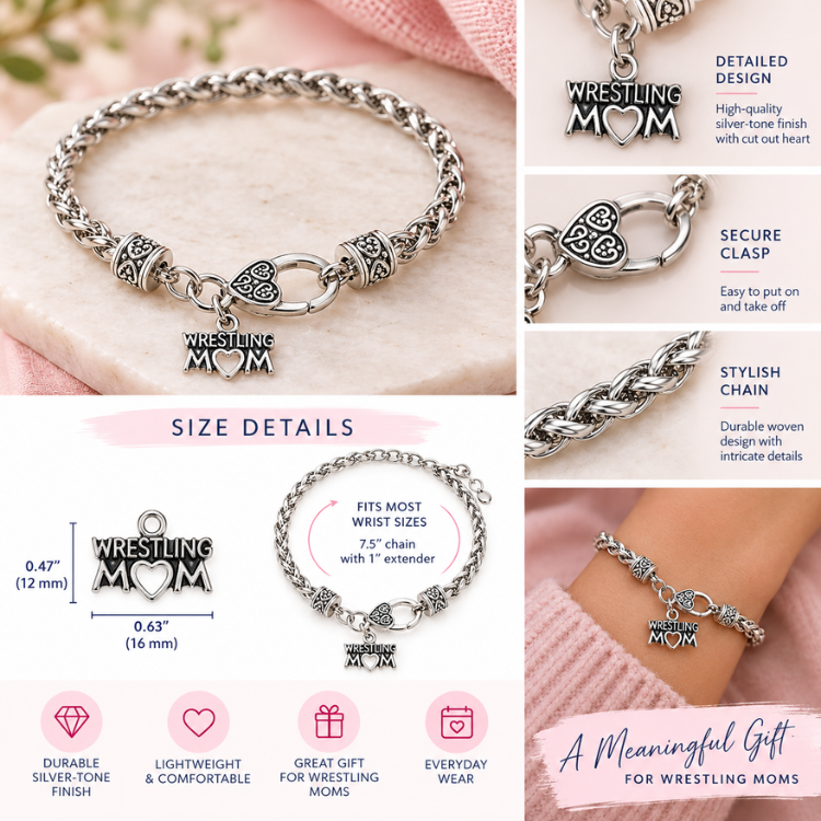 Wrestling Mom Silver Charm Bracelet with Heart Clasp