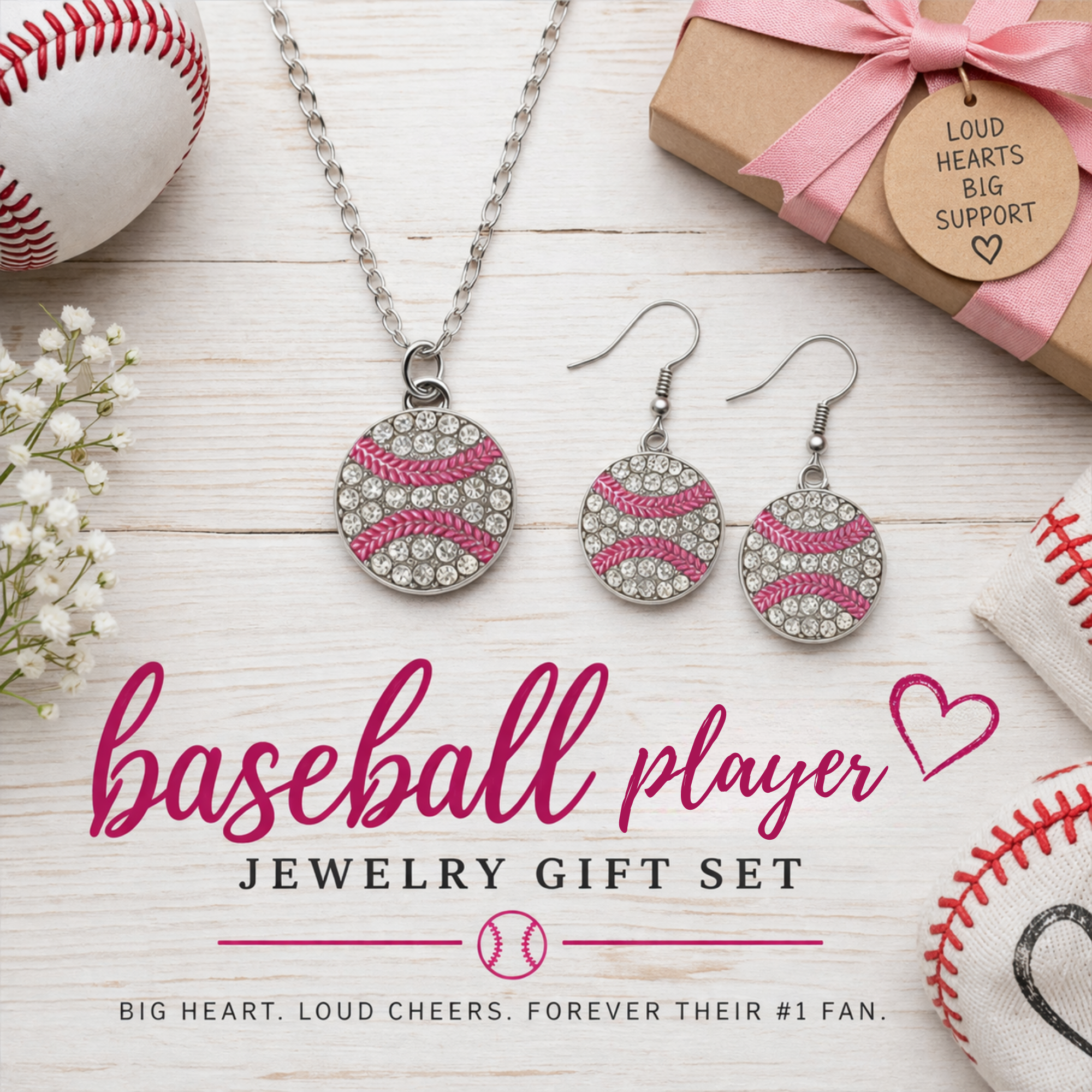 Baseball Rhinestones Jewelry Set - Necklace & Earrings