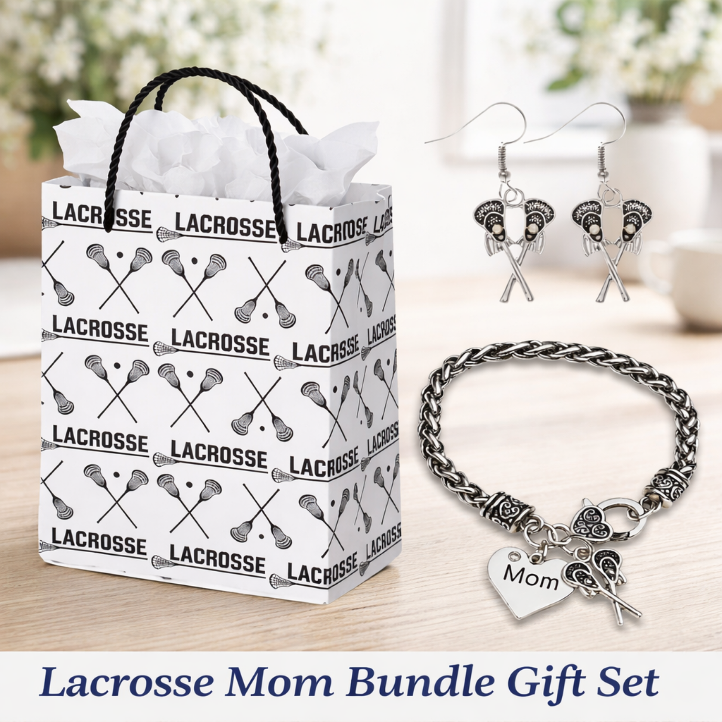 Lacrosse Mom Gift Set - Bracelet & Dangle Earrings with Gift Bag
