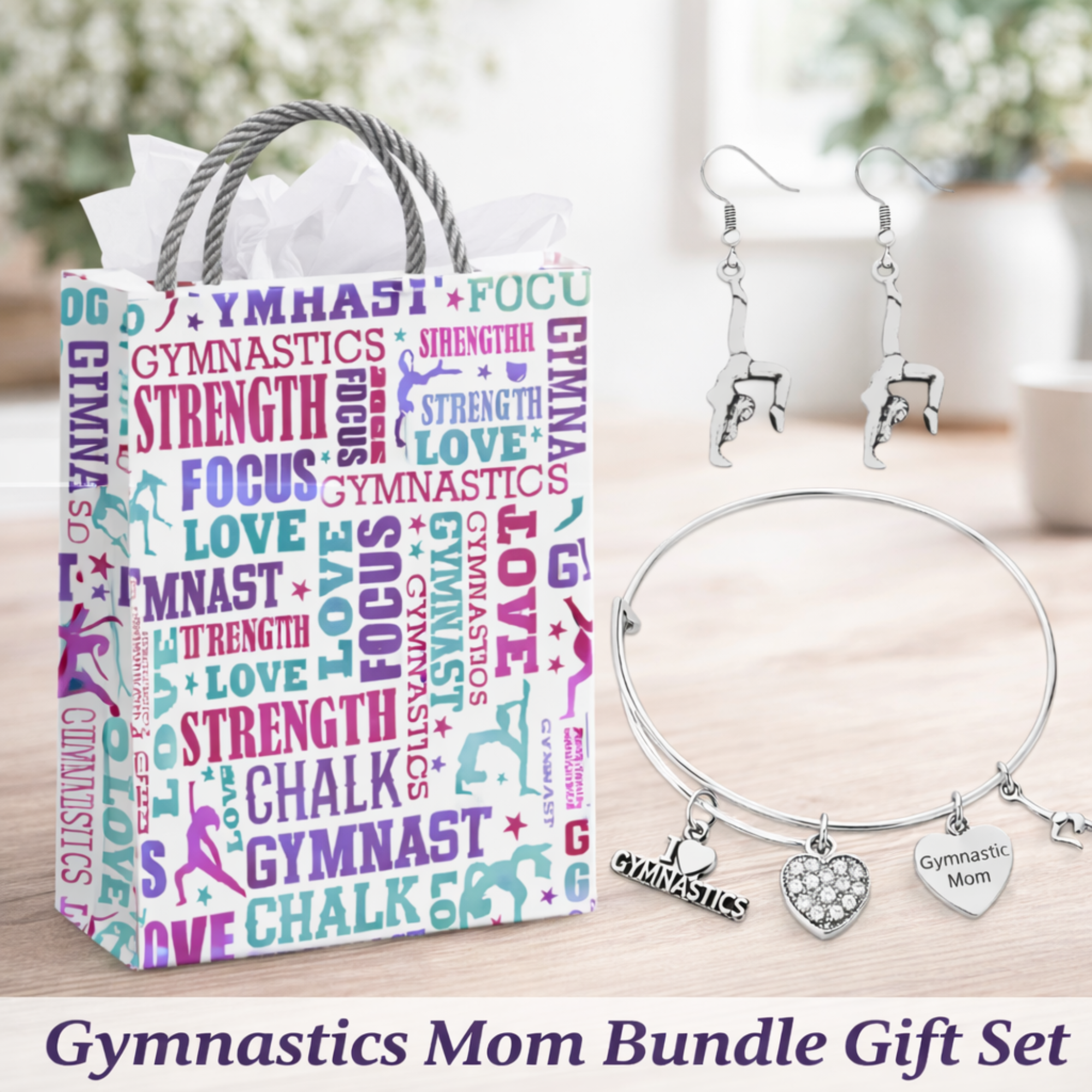 Gymnastics Mom Gift Set - Bangle & Dangle Earrings with Gift Bag