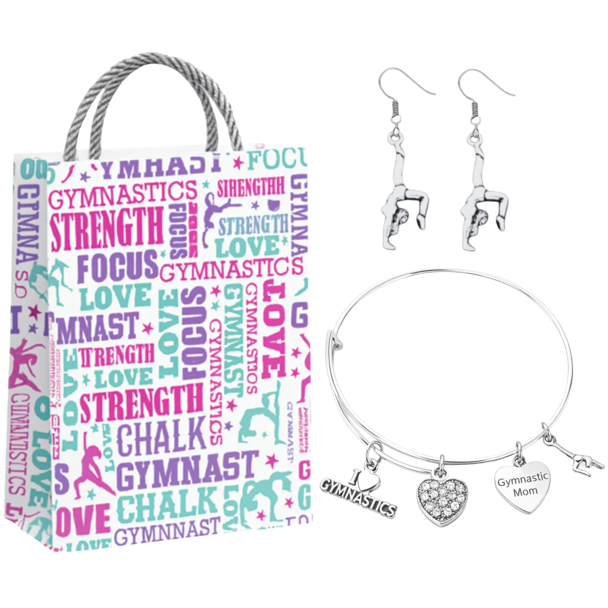 Gymnastics Mom Gift Set - Bangle & Dangle Earrings with Gift Bag