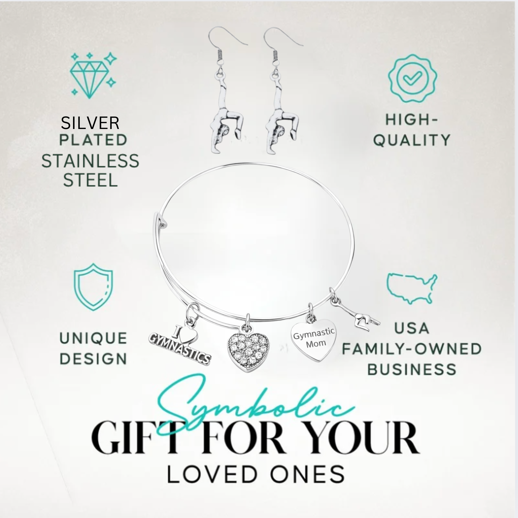 Gymnastics Mom Gift Set - Bangle & Dangle Earrings with Gift Bag