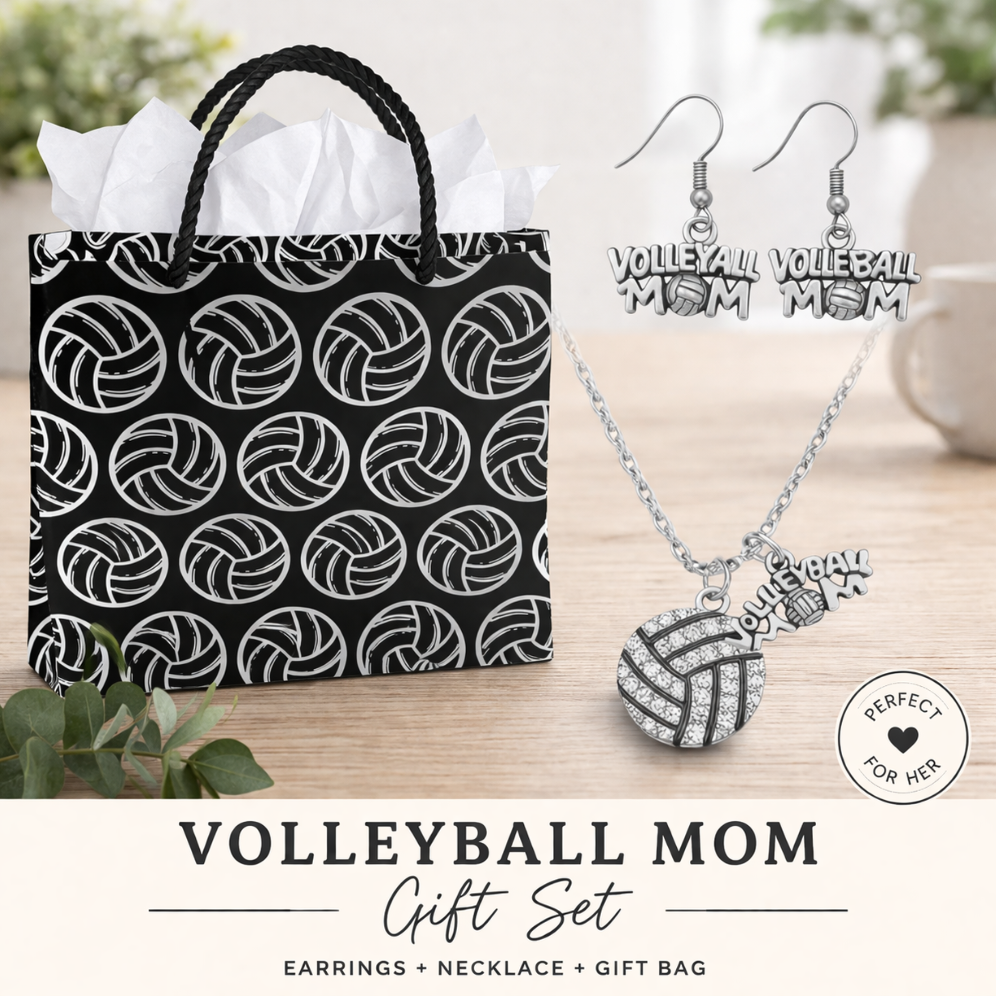 Volleyball Gift Set - Necklace & Dangle Earrings with Gift Bag