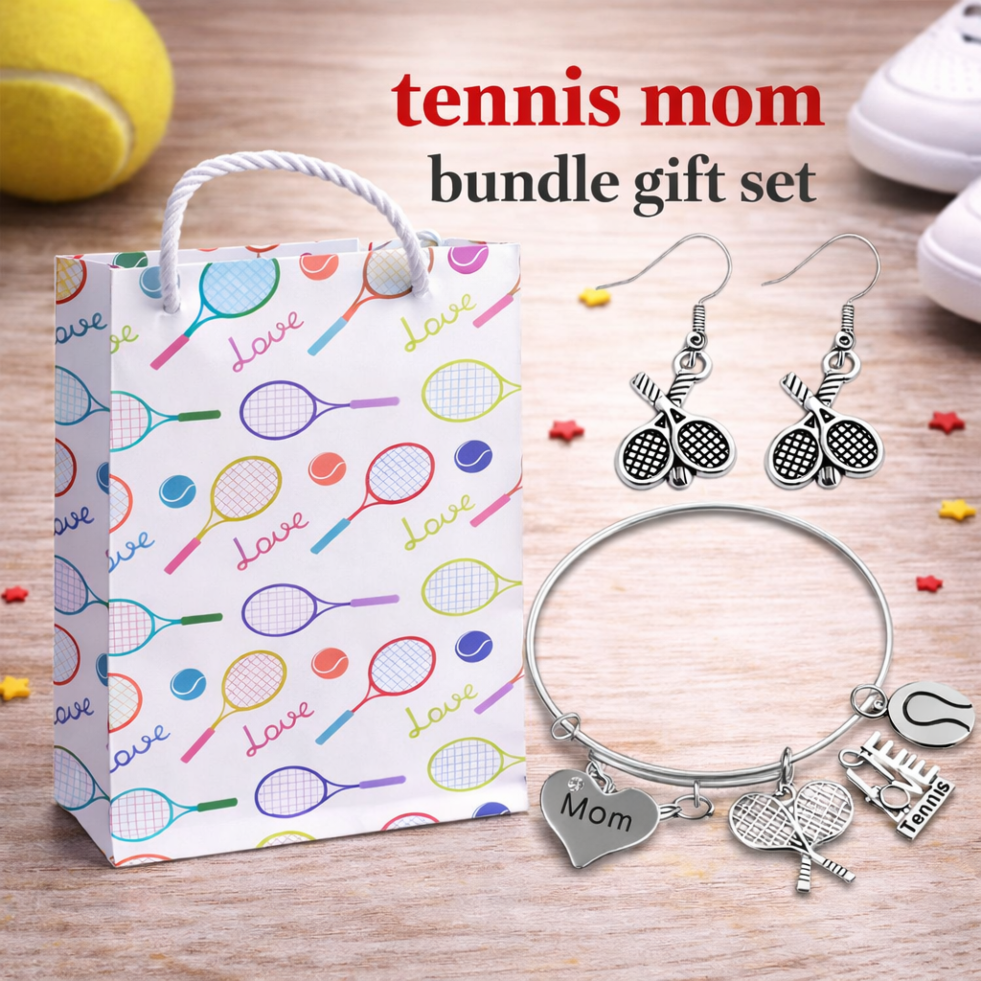 Tennis Mom Gift Set - Bangle & Dangle Earrings with Gift Bag