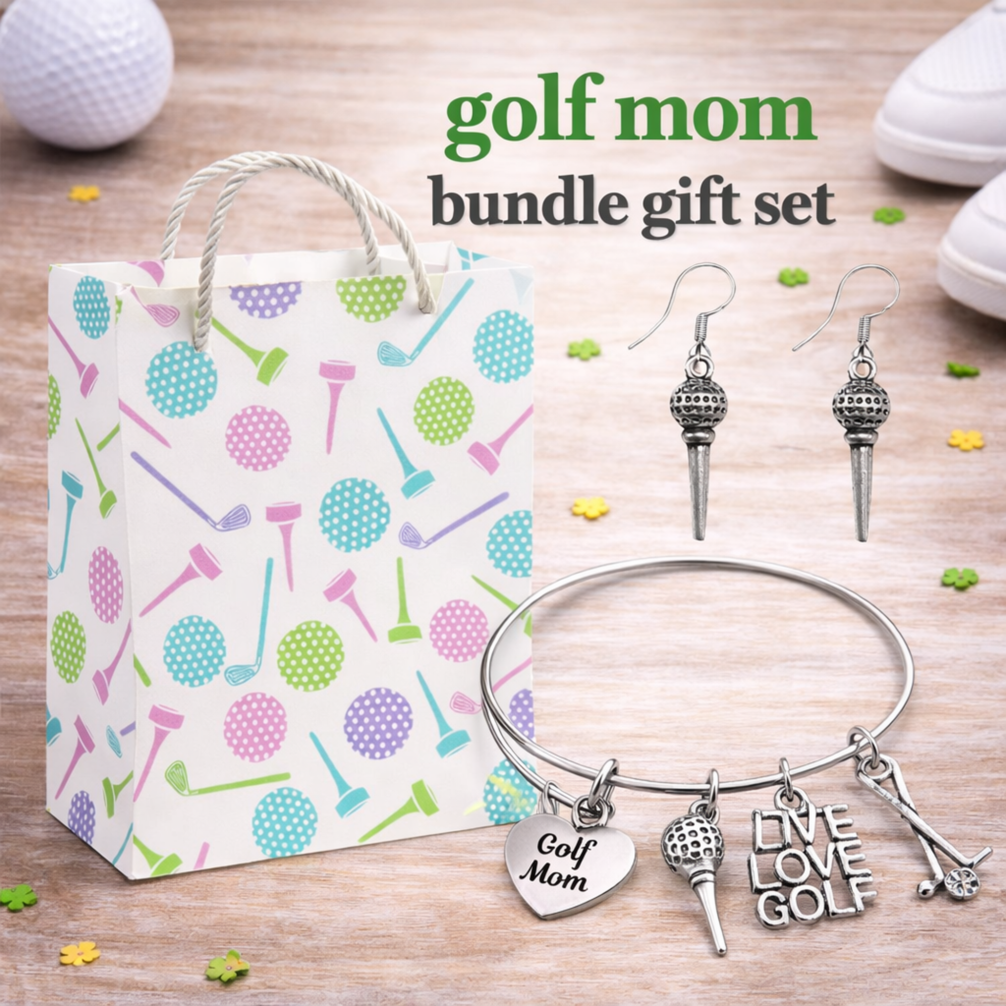 Golf Mom Gift Set - Bangle & Dangle Earrings with Gift Bag