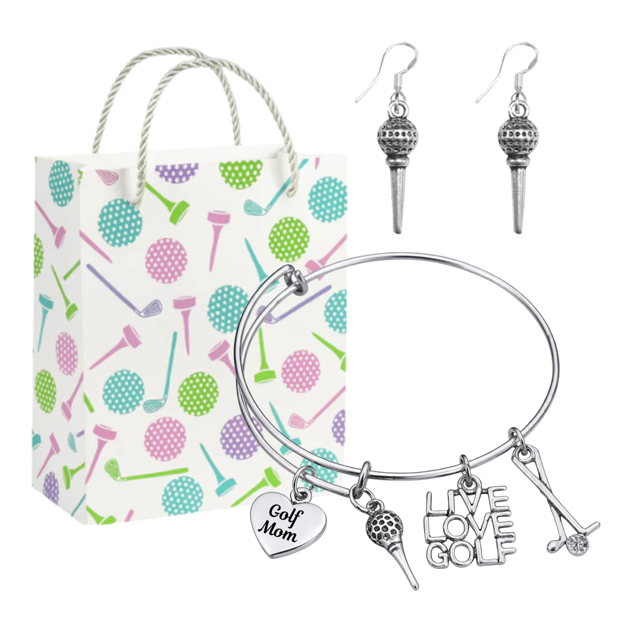 Golf Mom Gift Set - Bangle & Dangle Earrings with Gift Bag