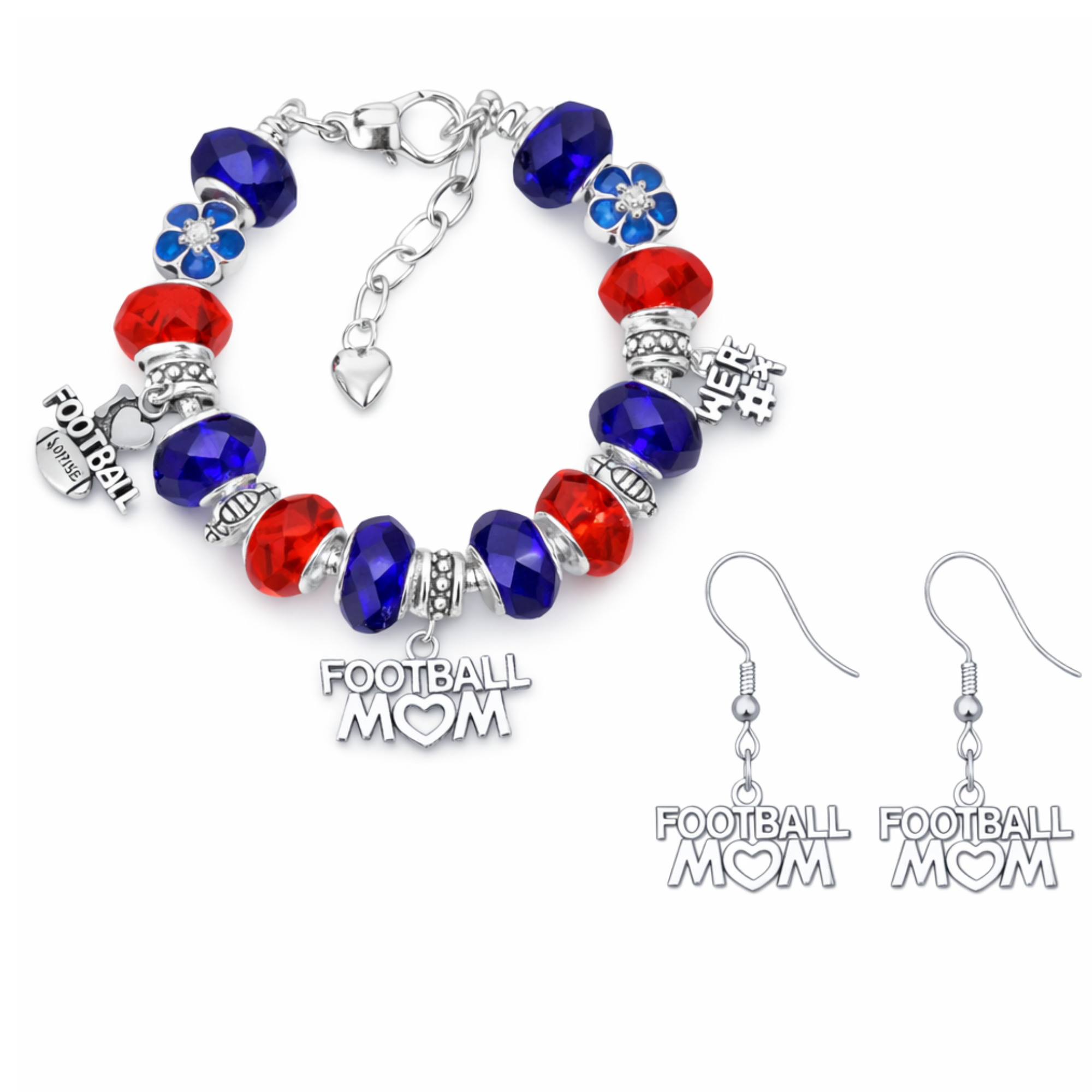Football Mom Beaded Charm Bracelet with Dangle Earrings