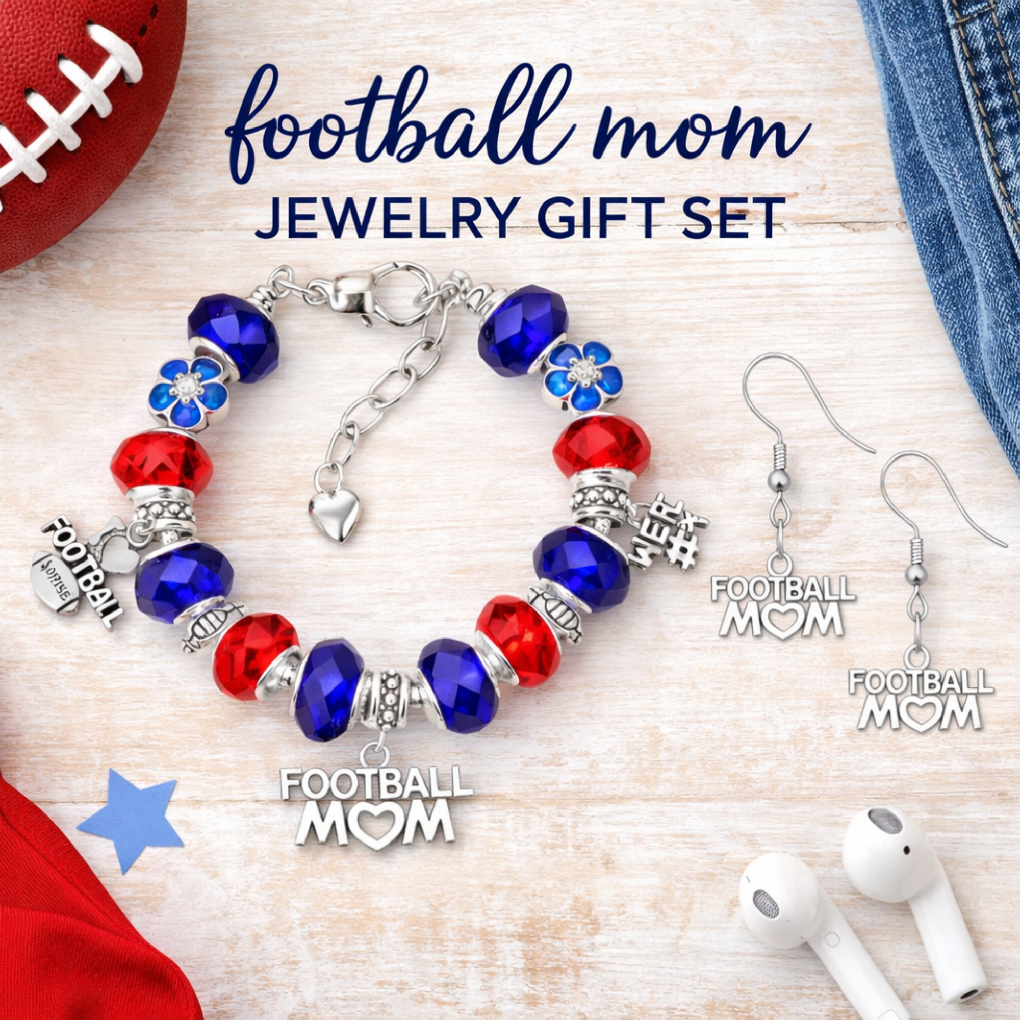 Football Mom Beaded Charm Bracelet with Dangle Earrings