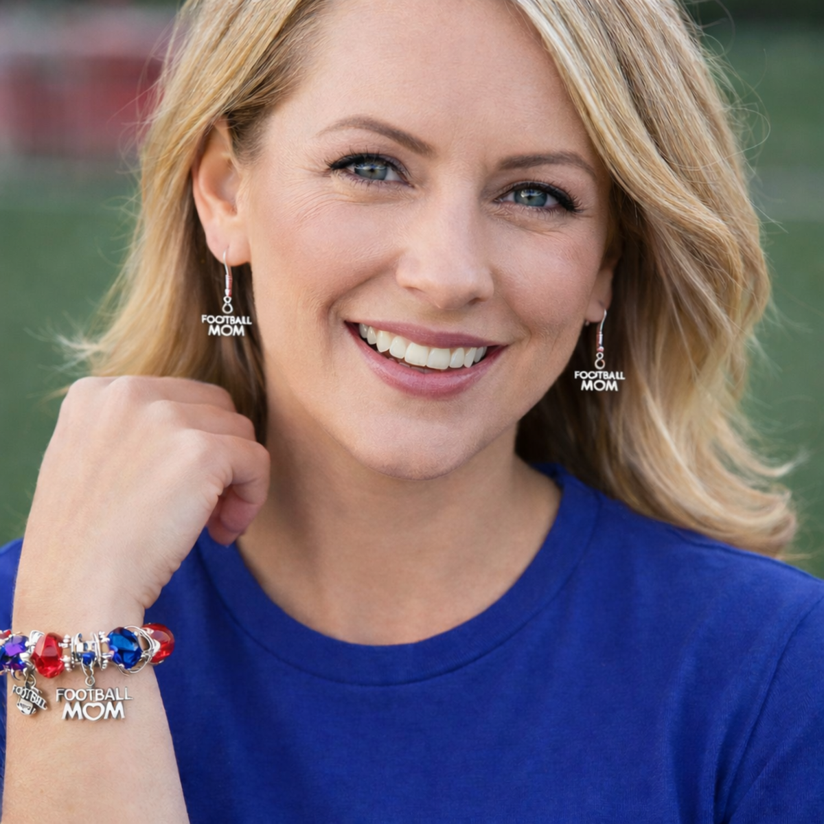 Football Mom Beaded Charm Bracelet with Dangle Earrings