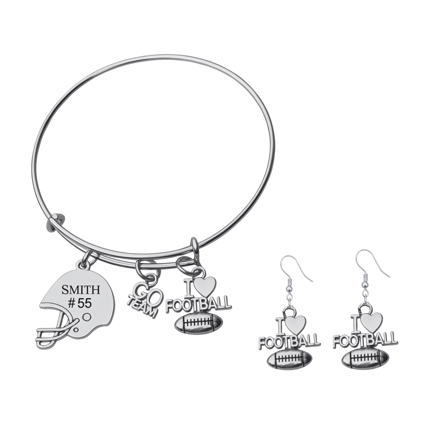 Personalized Love Football Jewelry Set - Bangle & Earrings