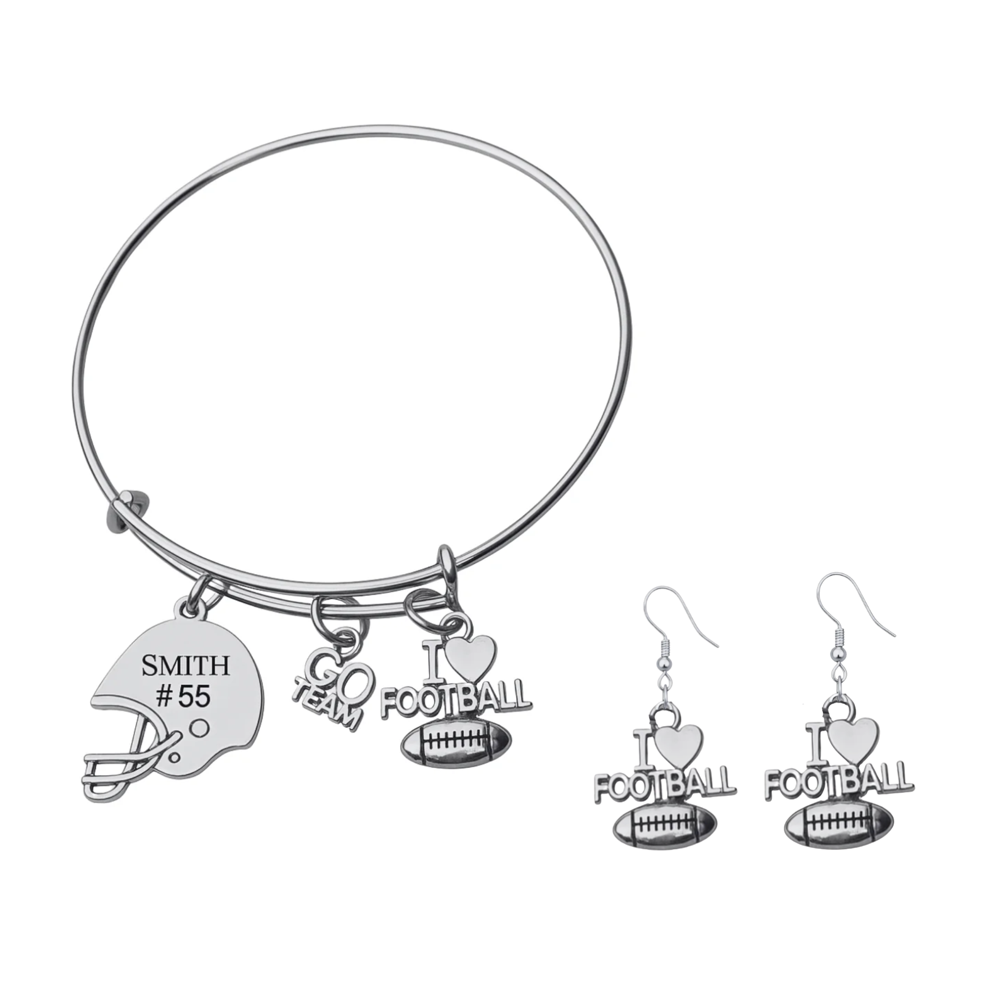 Personalized Love Football Jewelry Set - Bangle & Earrings
