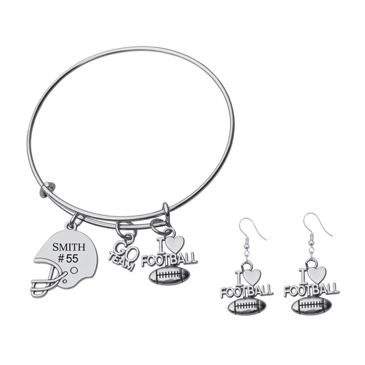 Personalized Love Football Jewelry Set - Bangle & Earrings