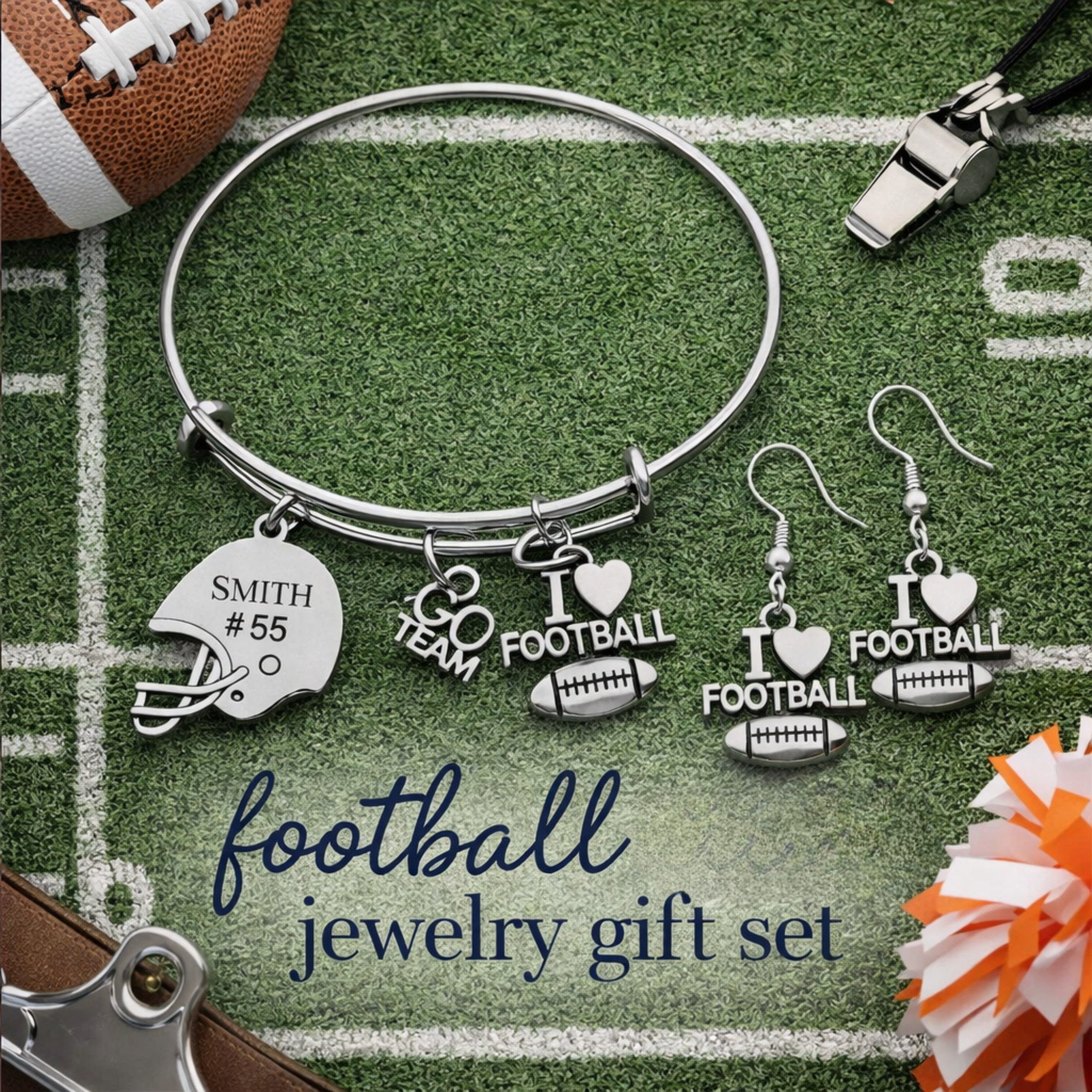 Personalized Love Football Jewelry Set - Bangle & Earrings