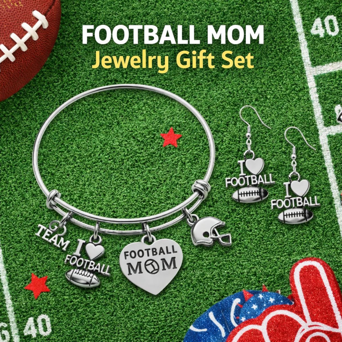 Personalized Football Mom Jewelry Set - Bangle & Earrings