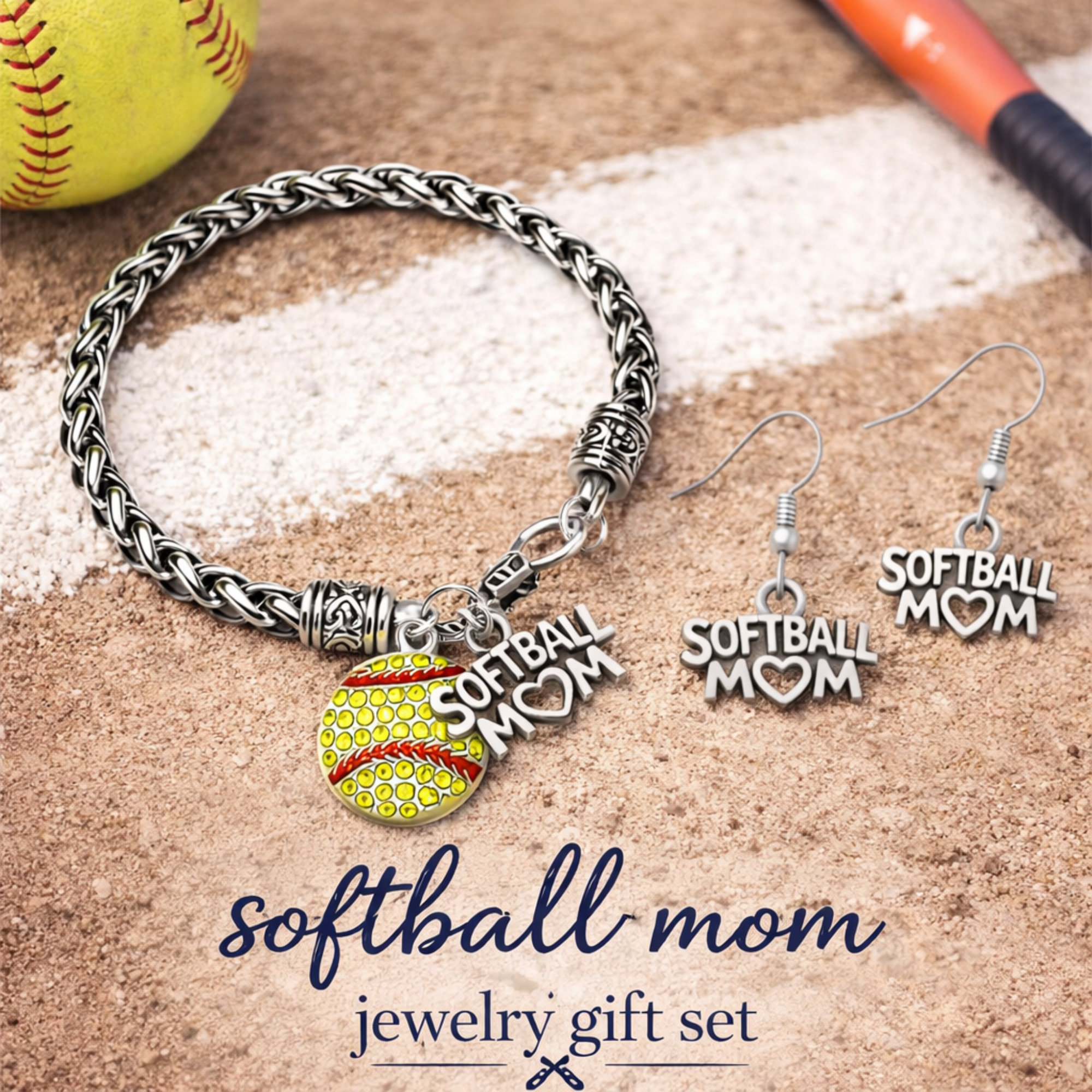 Softball Mom Jewelry Set - Bracelet & Earrings