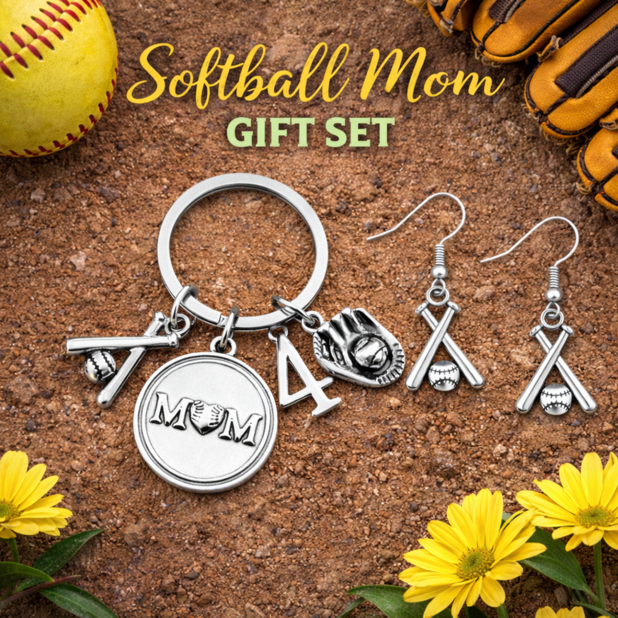 Softball Mom Gift Set - Personalized Keychain & Earrings
