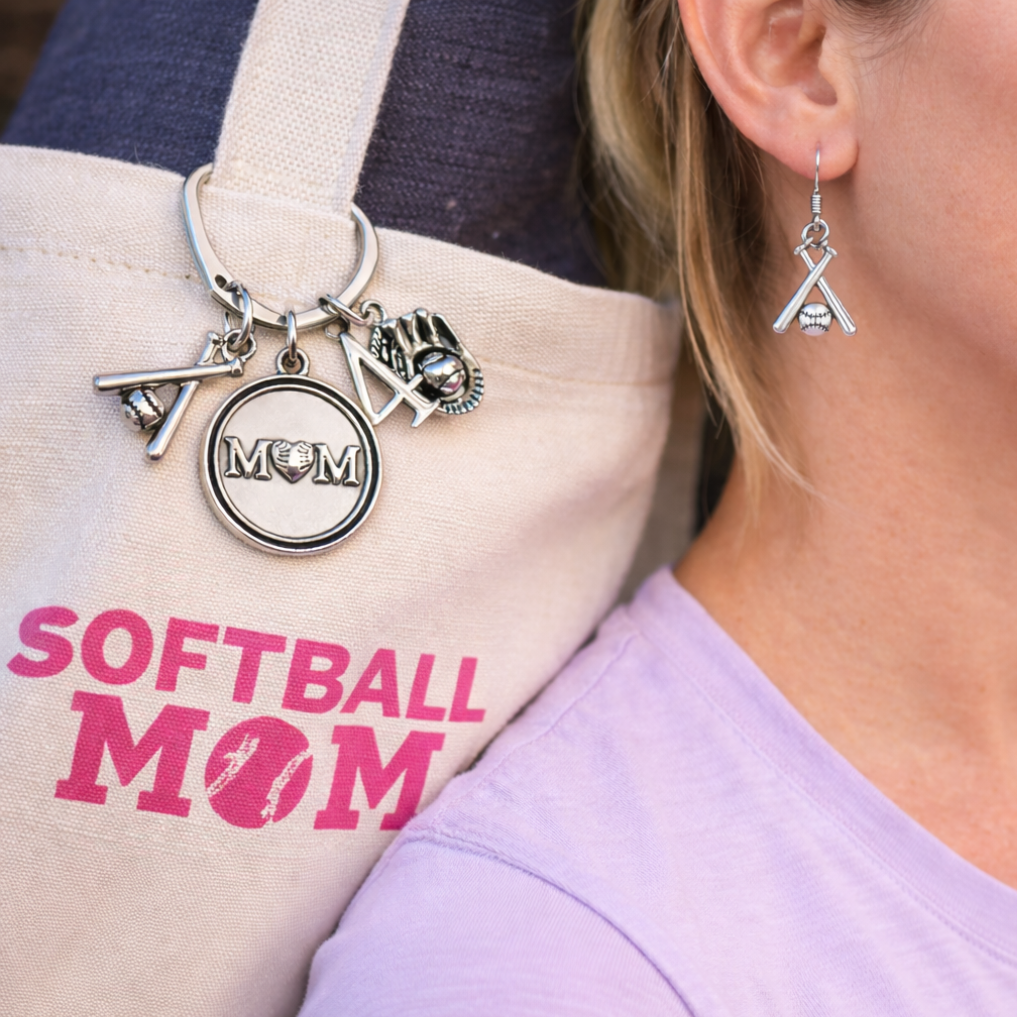 Softball Mom Gift Set - Personalized Keychain & Earrings