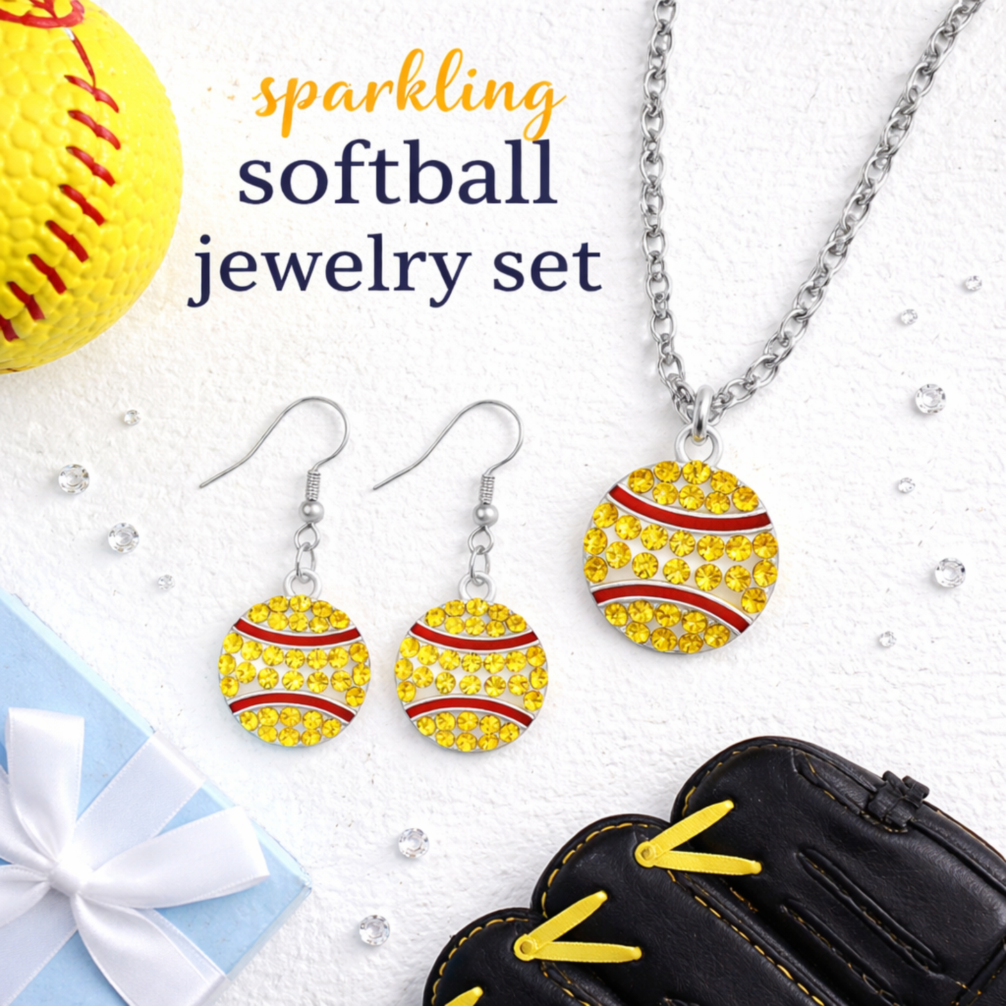 Softball Rhinestones Jewelry Set - Necklace & Earrings