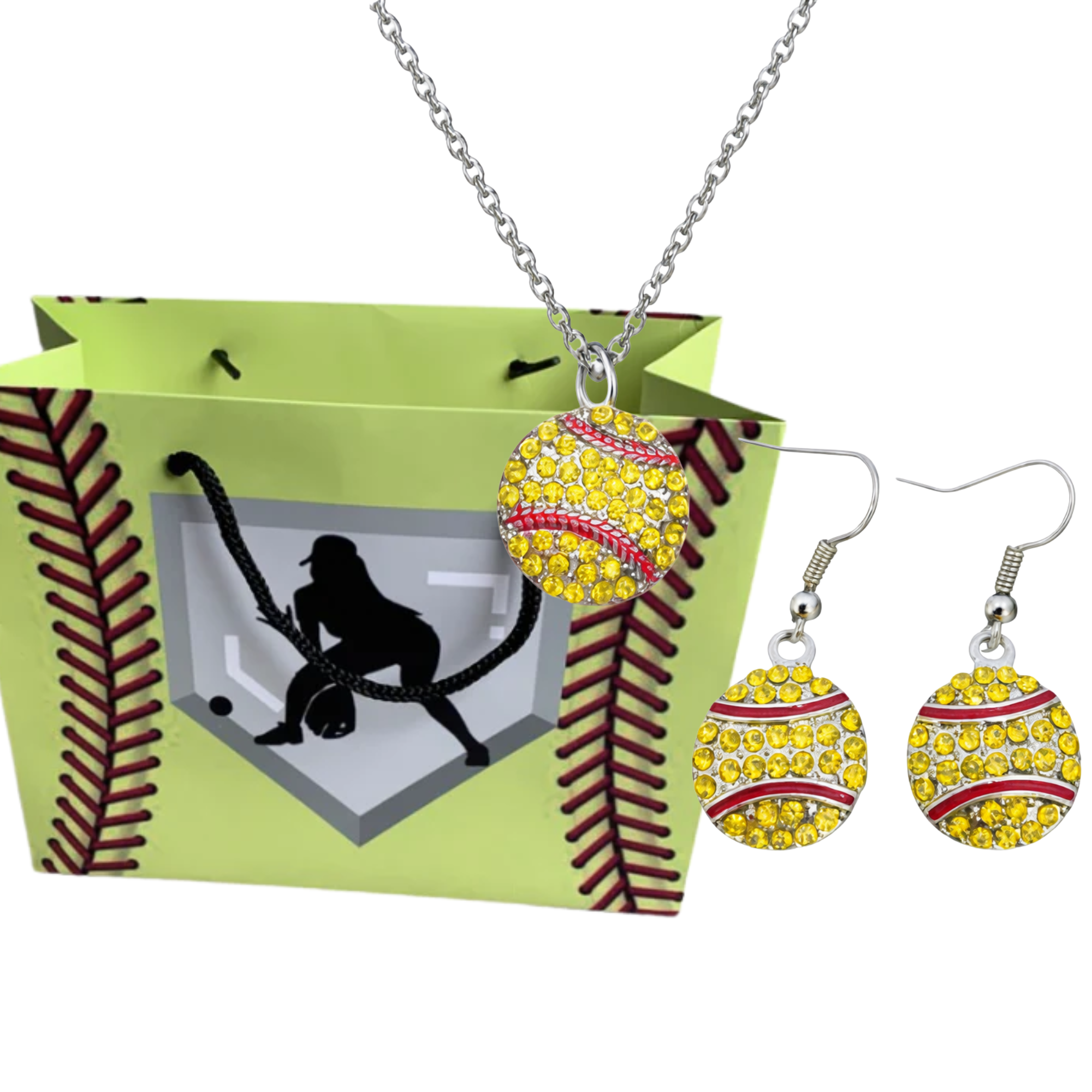 Softball Rhinestones Gift Set - Necklace & Earrings with Gift Bag