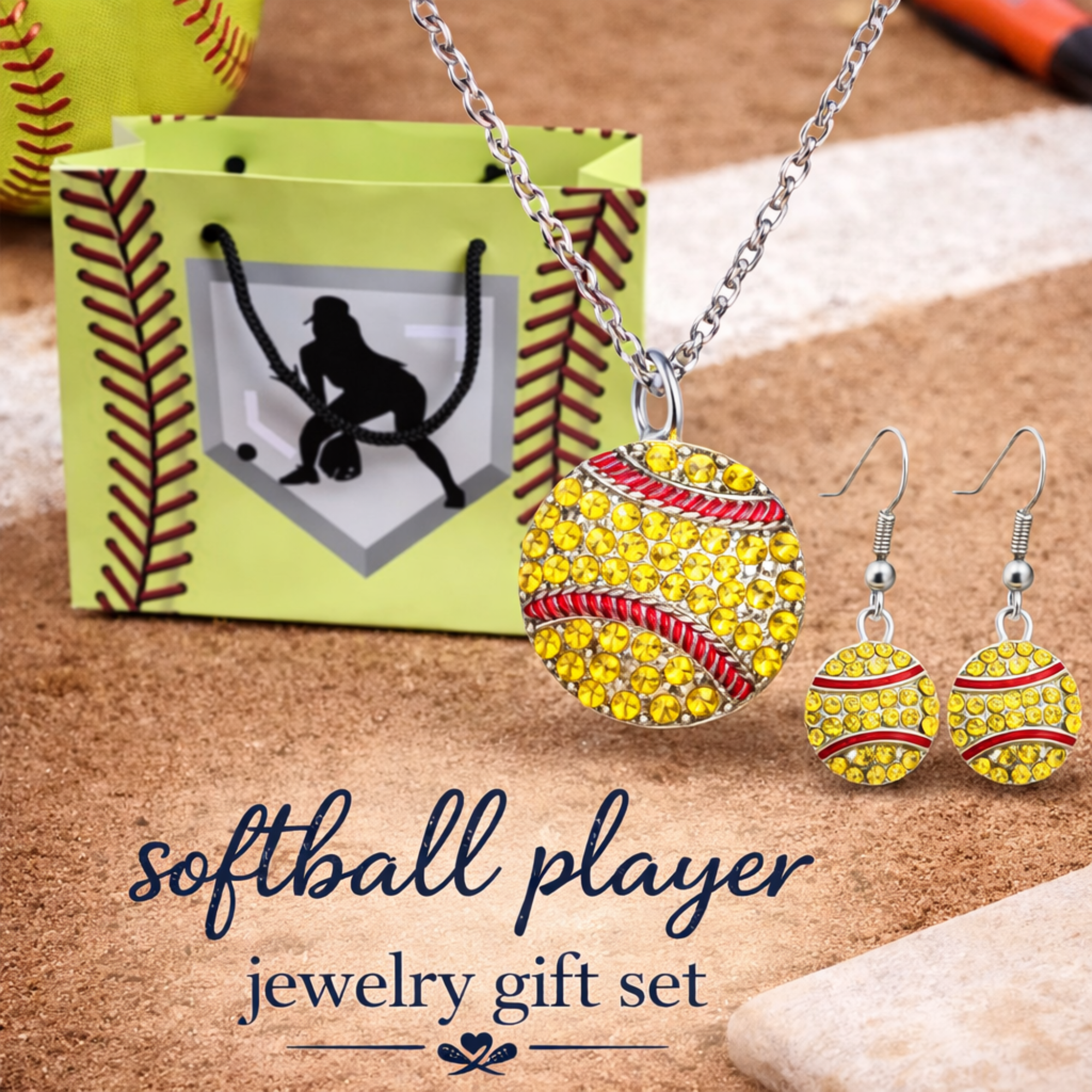 Softball Rhinestones Gift Set - Necklace & Earrings with Gift Bag