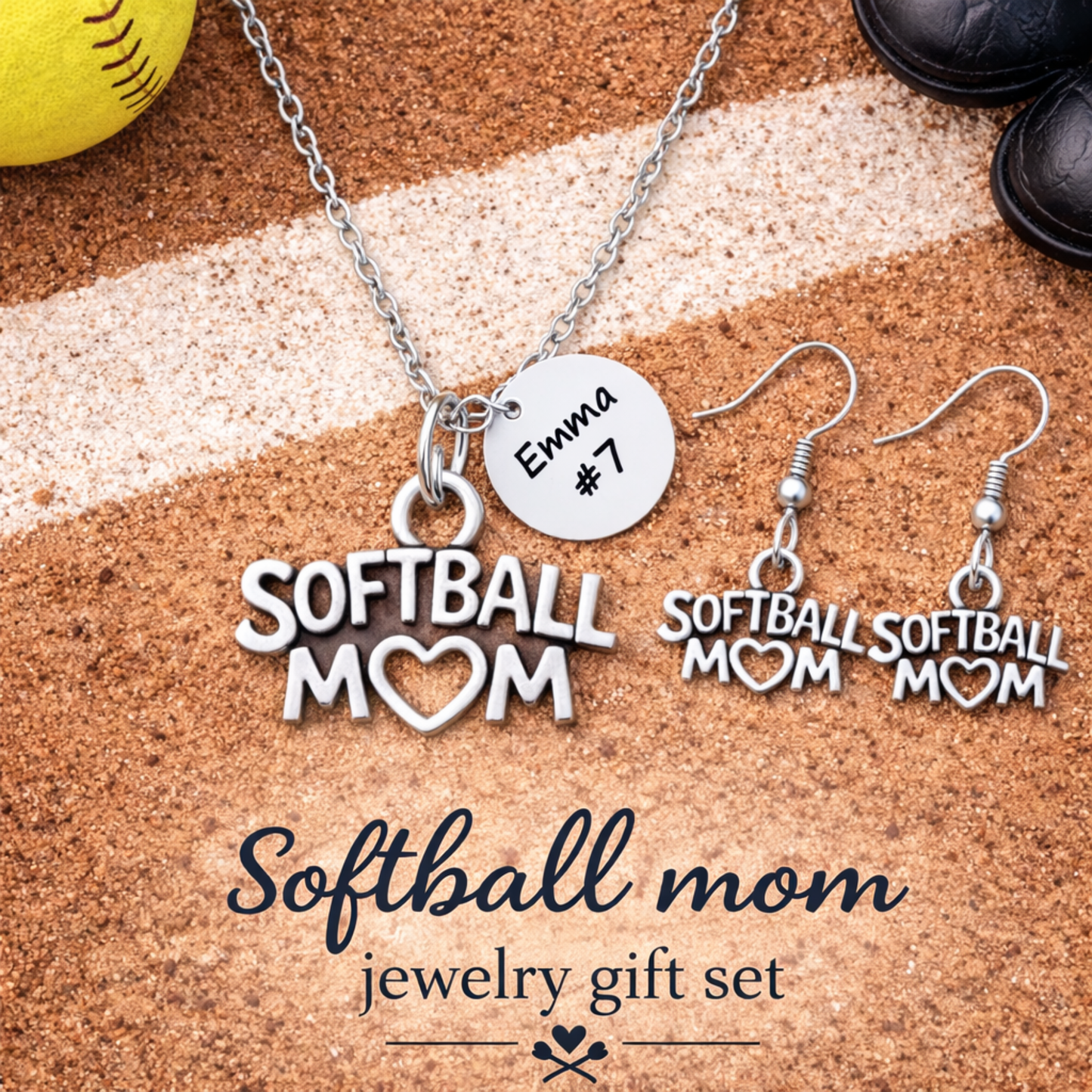 Personalized Softball Mom Jewelry Set - Necklace & Earrings