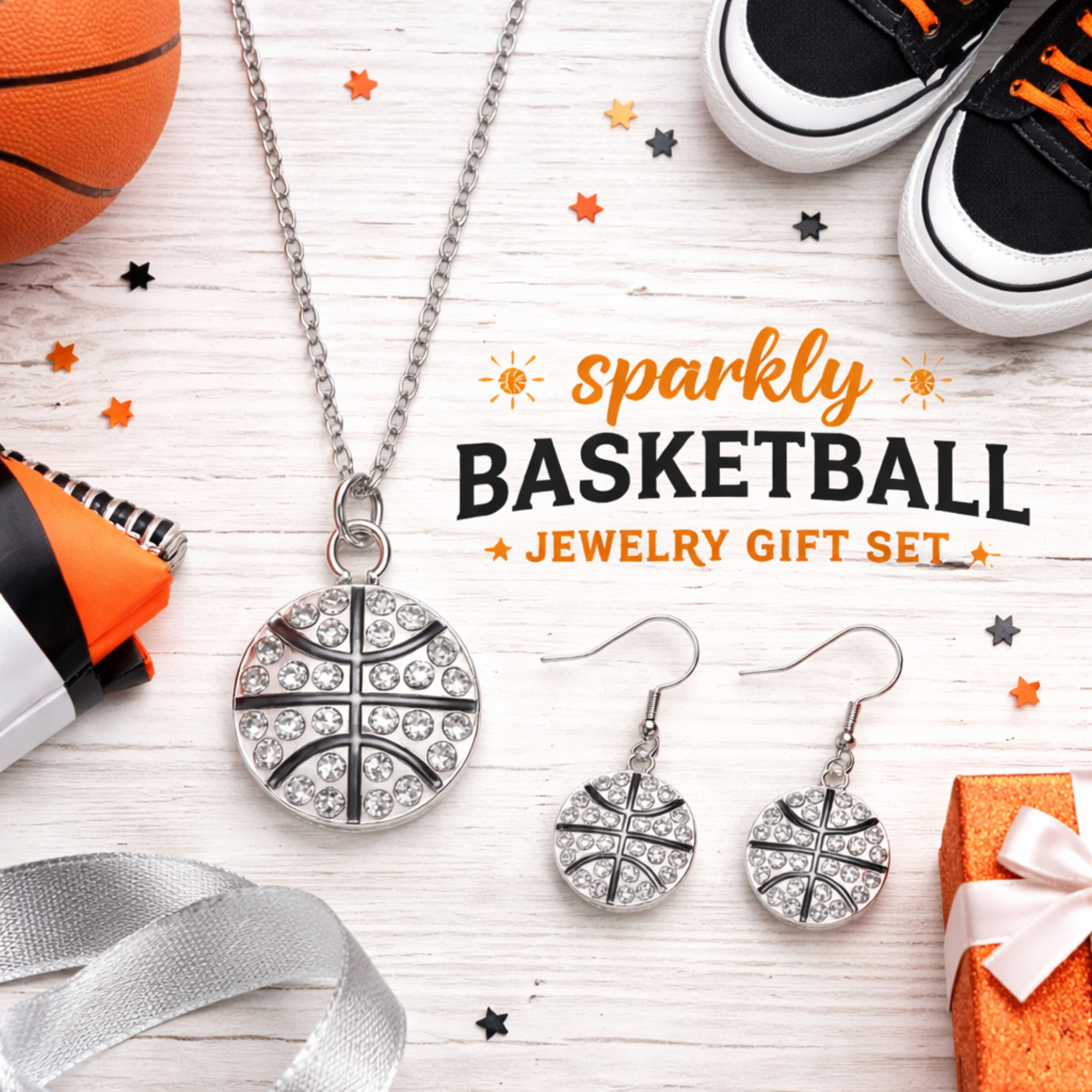 Basketball Rhinestone Jewelry Set - Necklace & Earrings