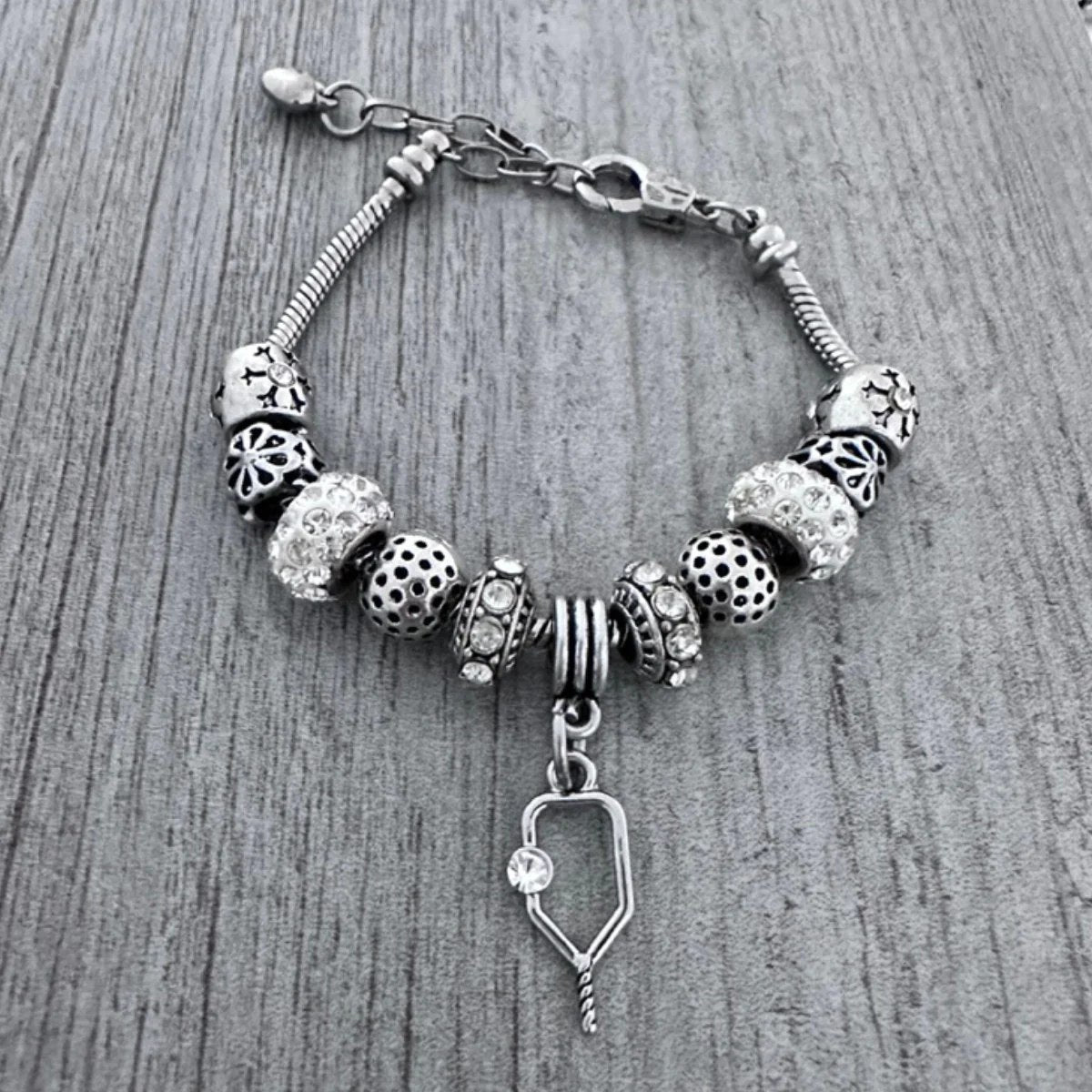 Silver Pickleball Charm Beaded Bracelet
