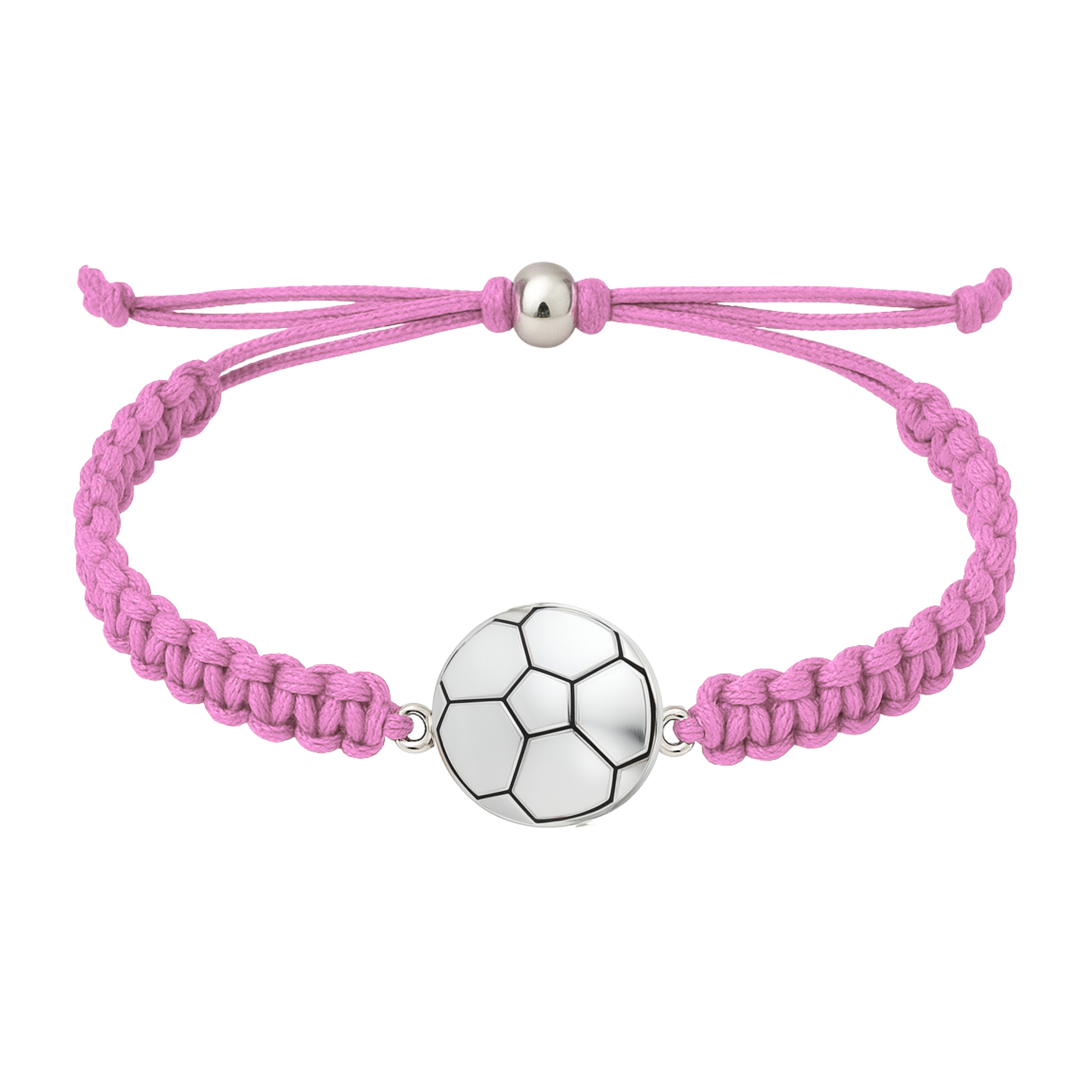 Baby pink adjustable bracelet with silver soccer ball charm and sporty design.