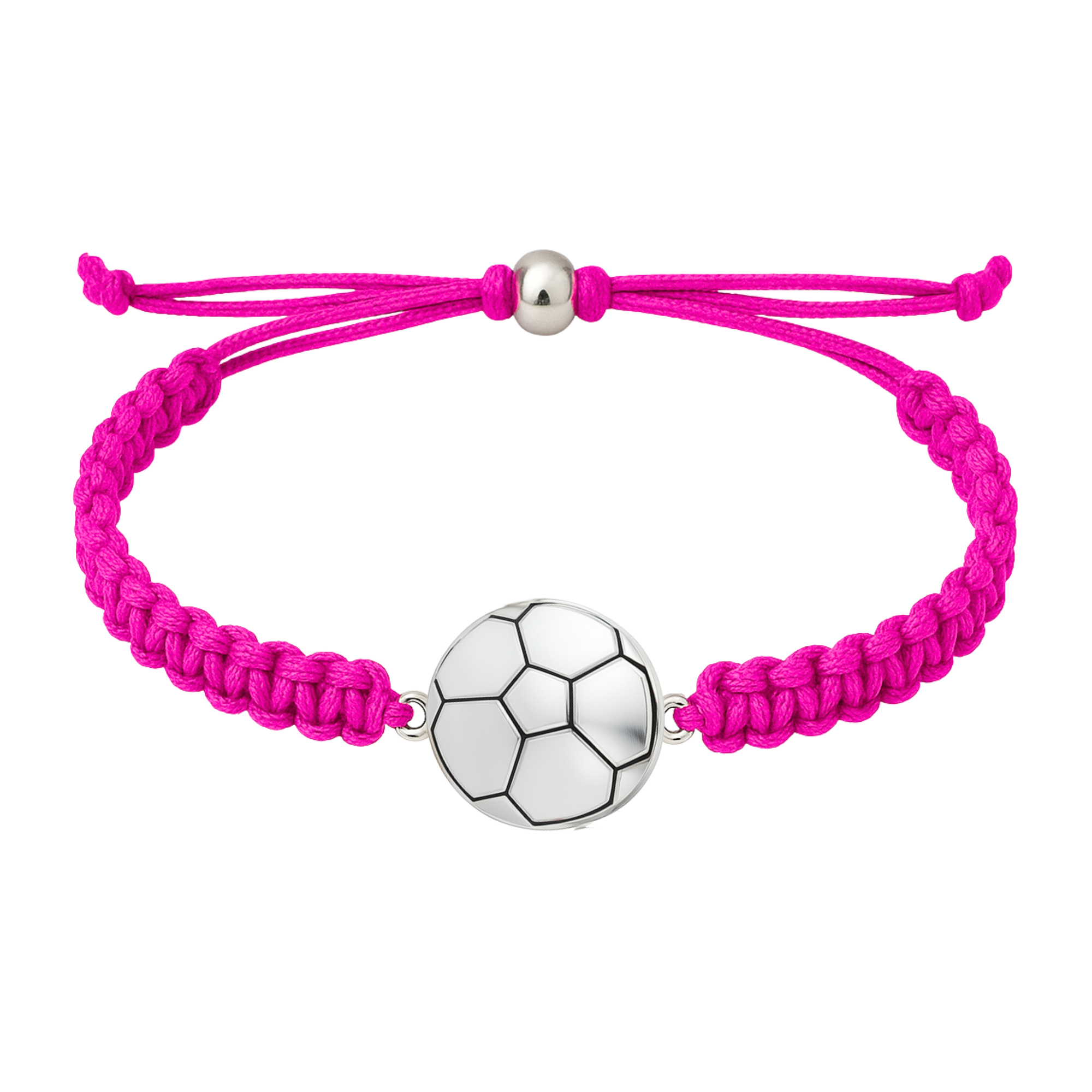 Hot pink braided rope bracelet with stainless steel soccer ball charm and adjustable closure