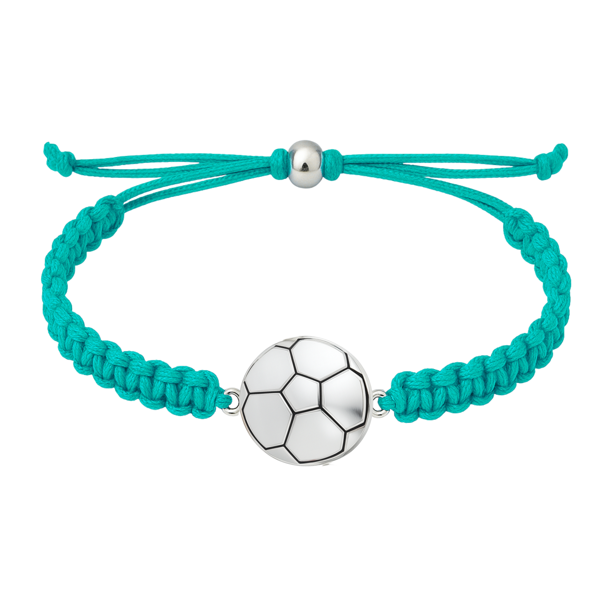 Turquoise soccer bracelet with silver-tone soccer ball charm and sliding knot design