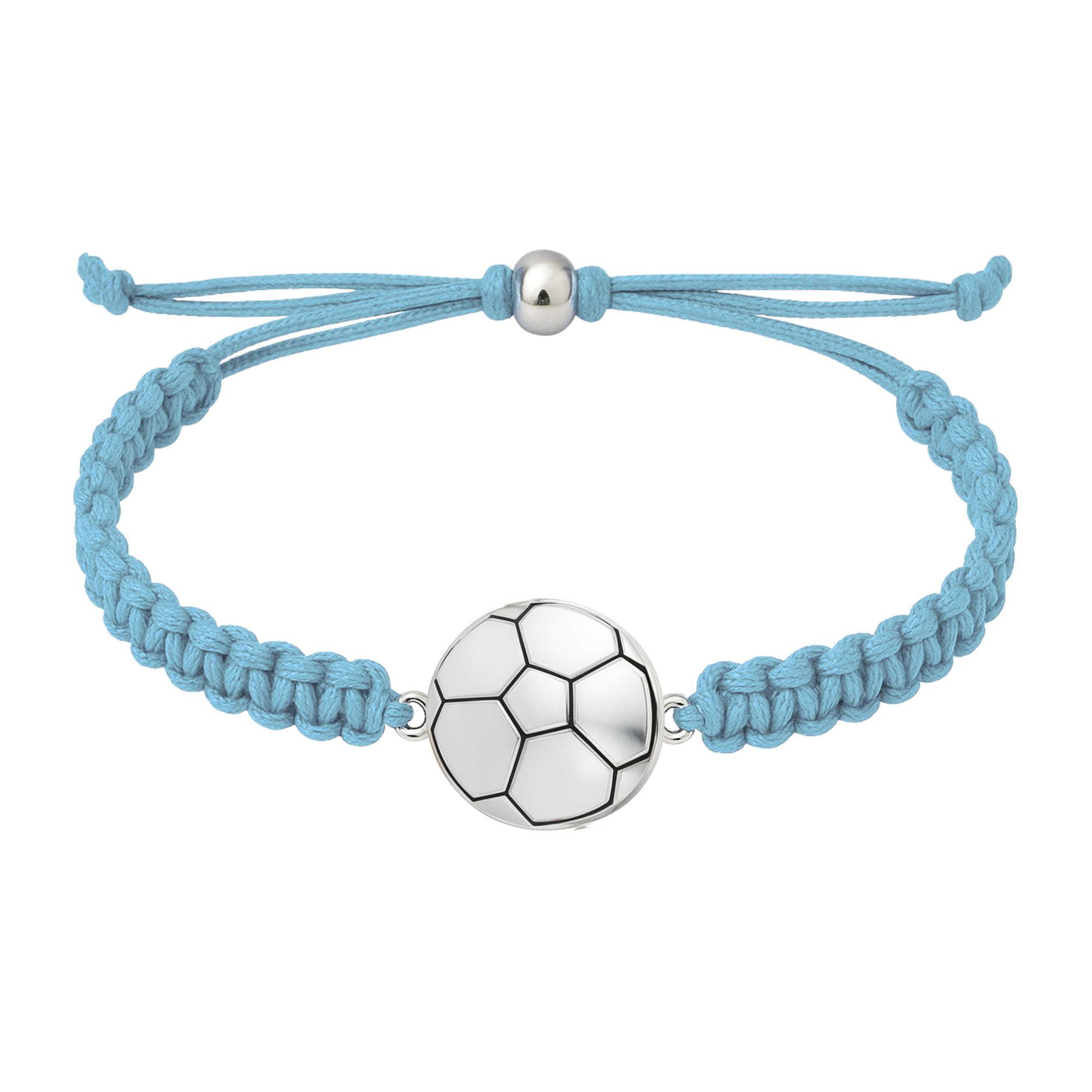 Light blue braided bracelet featuring stainless steel soccer charm and bead clasp