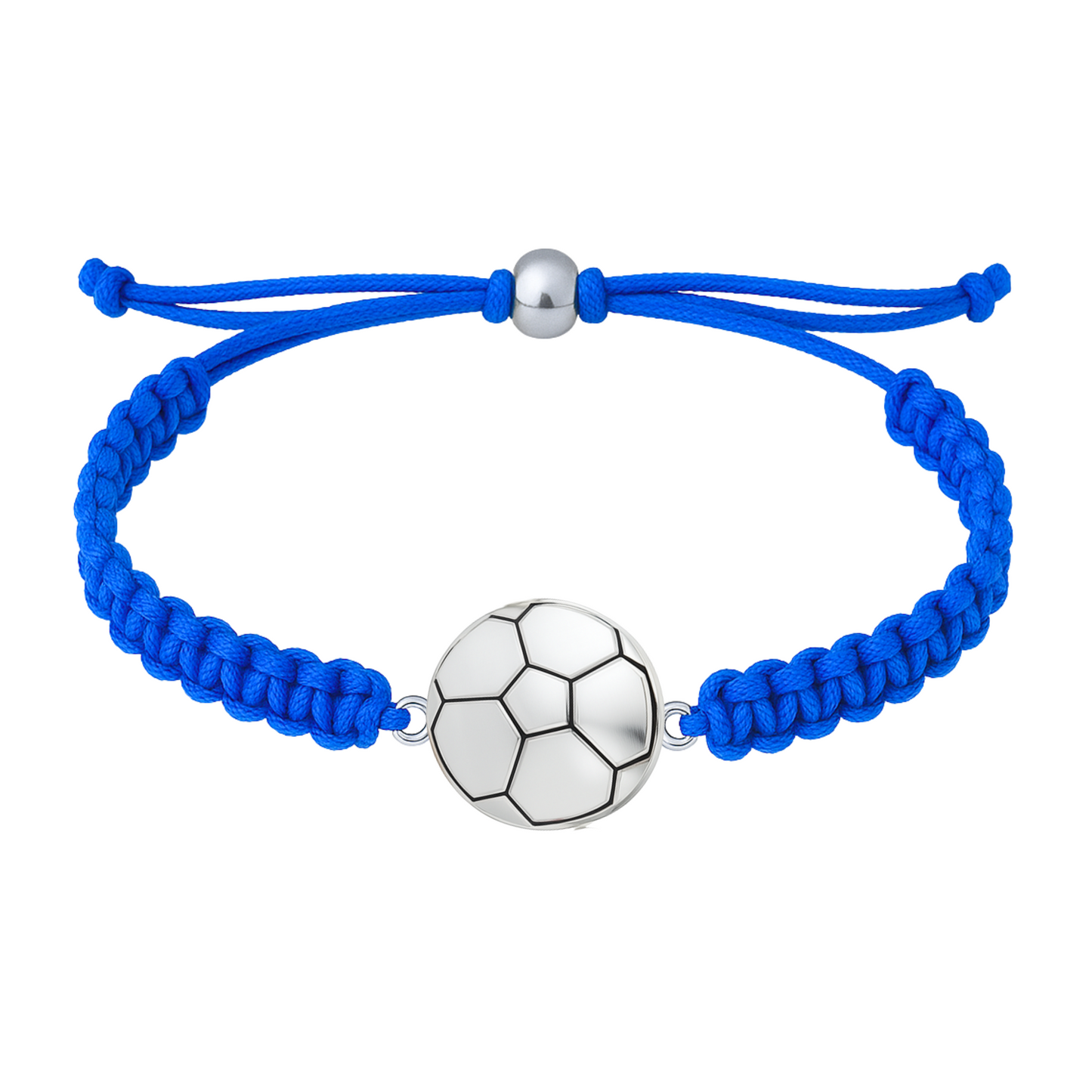 Royal blue braided bracelet featuring silver soccer ball charm and adjustable ends