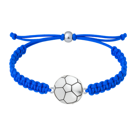 Royal blue braided bracelet featuring silver soccer ball charm and adjustable ends