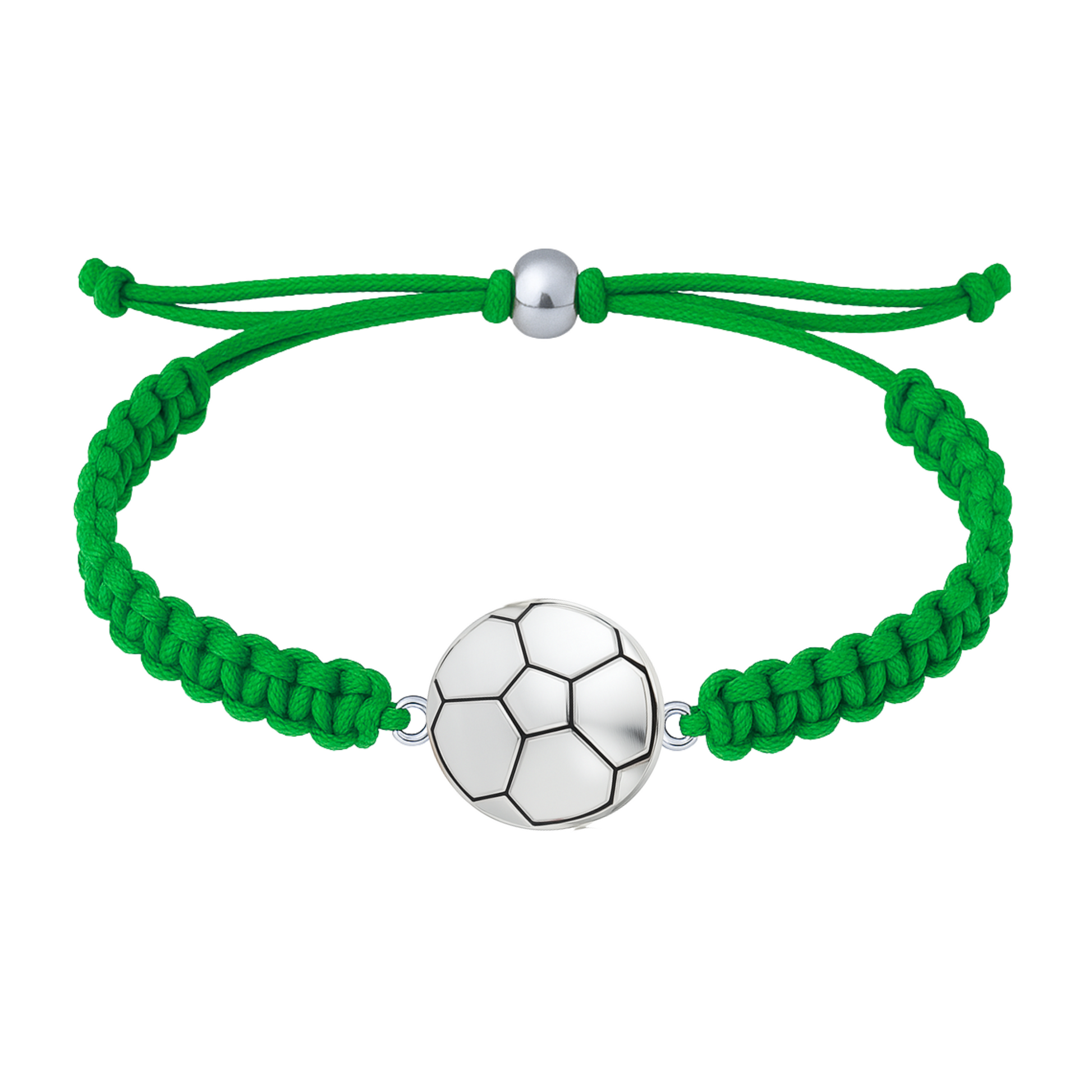 Bright green braided bracelet with silver soccer charm for sports fans