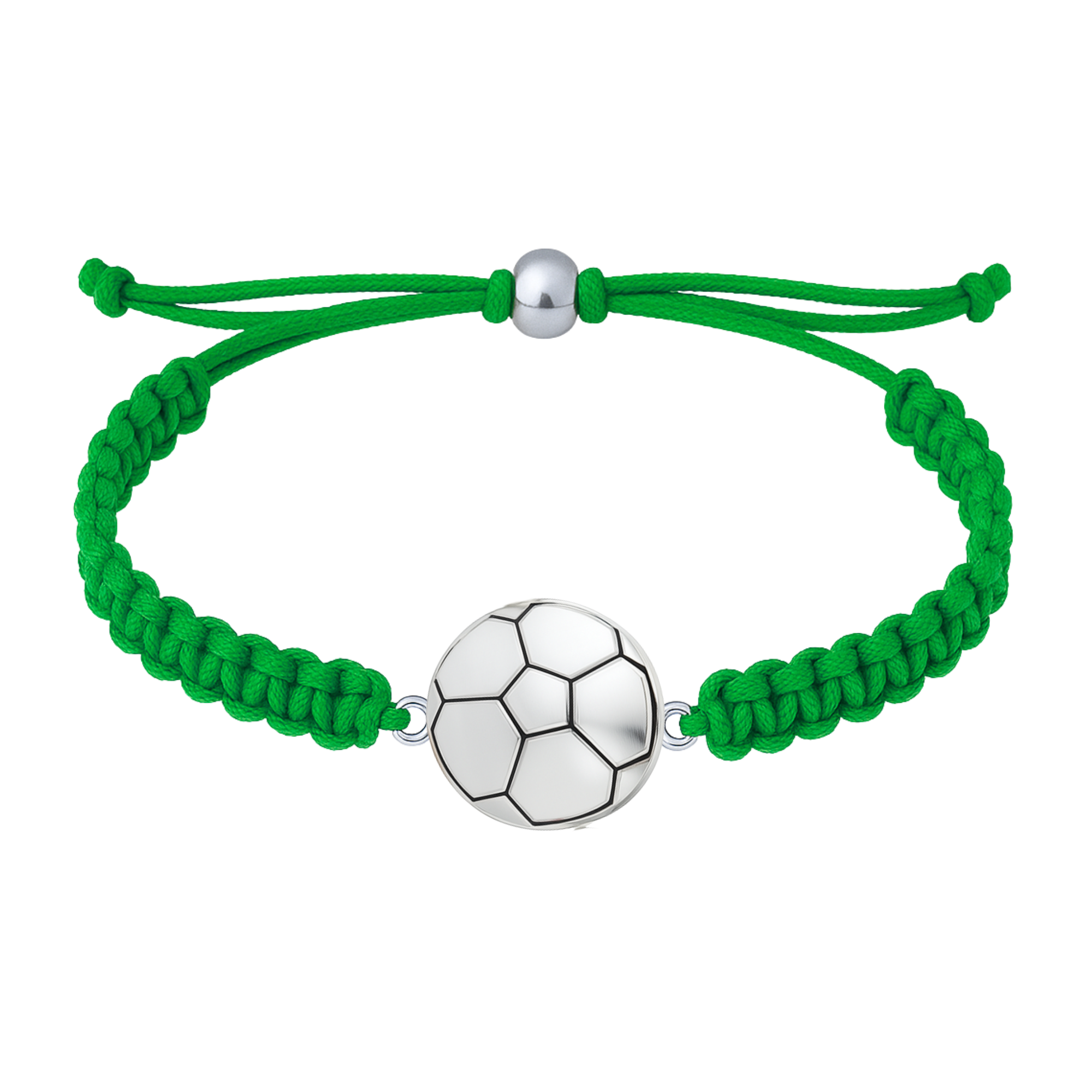 Bright green braided bracelet with silver soccer charm for sports fans