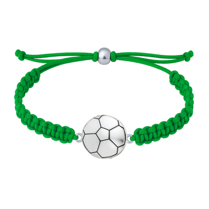 Bright green braided bracelet with silver soccer charm for sports fans